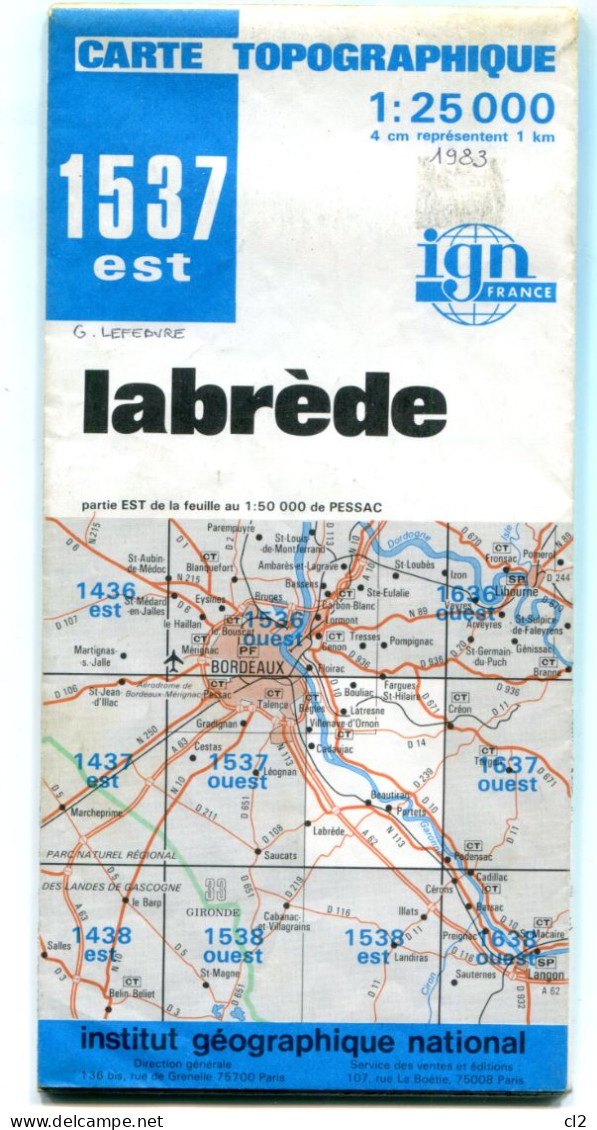 IGN - Carte Topographique 1:25000 - 1537 Est - Labrède - 1983 - Edition 3 - Cartes Topographiques