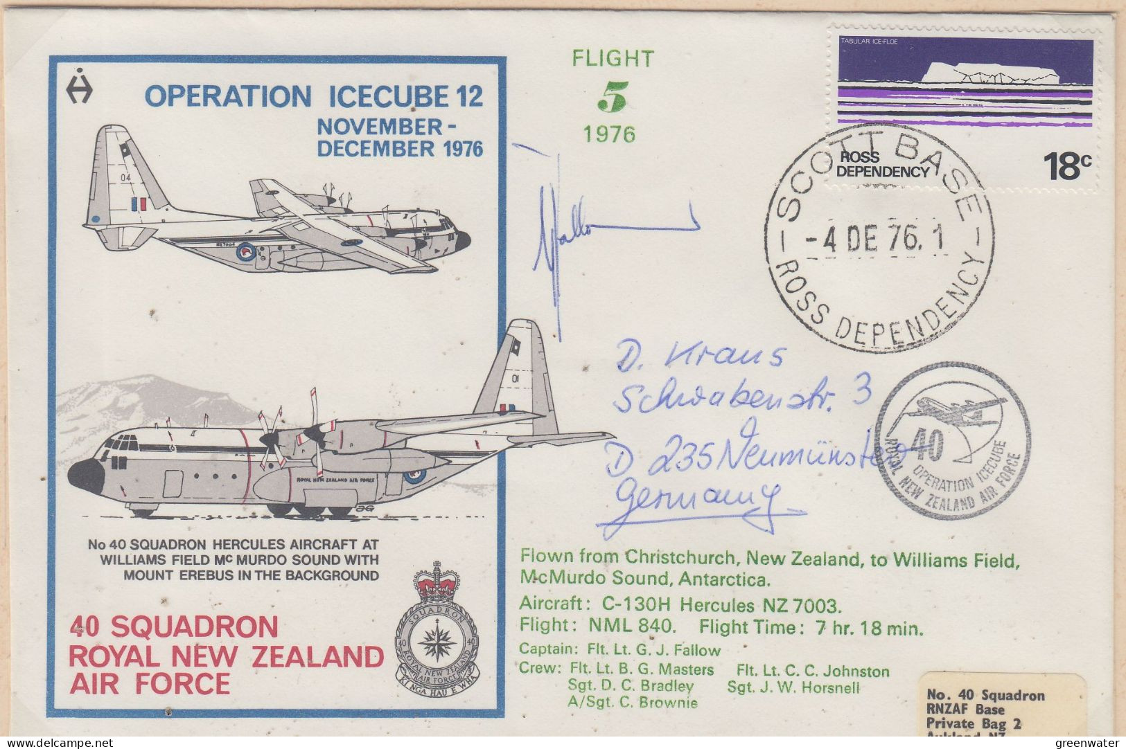 Ross Dependency 1976 Operation Icecube 12 Signature  Ca Scott Base 4 DE 1976 (XX160) - Lettres & Documents