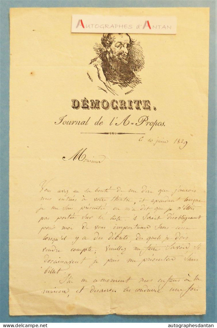 ● L.A.S 1829 Charlotte MARTAINVILLE Comédienne épouse D'Alphonse - Démocrite Journal De L'A-Propos - Lettre - Née Mouzay - Acteurs & Toneelspelers