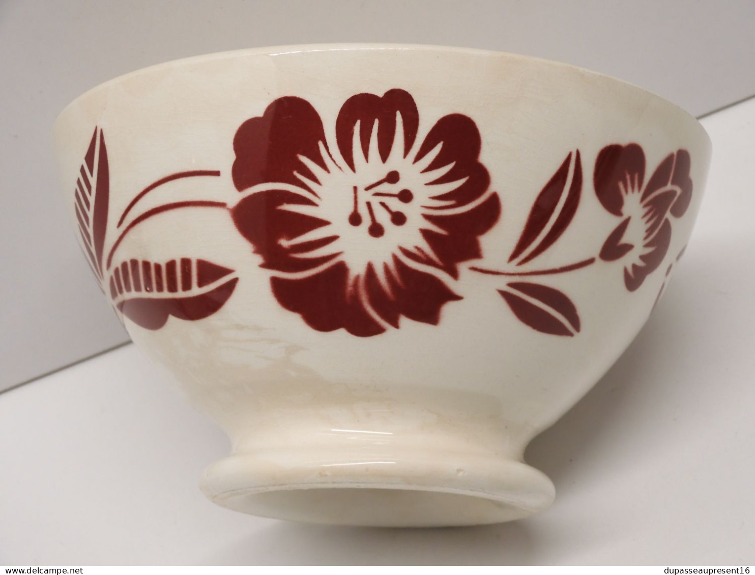 -ANCIEN GRAND BOL DIGOIN CERAMIQUE GROSSE FLEUR ROUGE Foncé déco cuisine   E