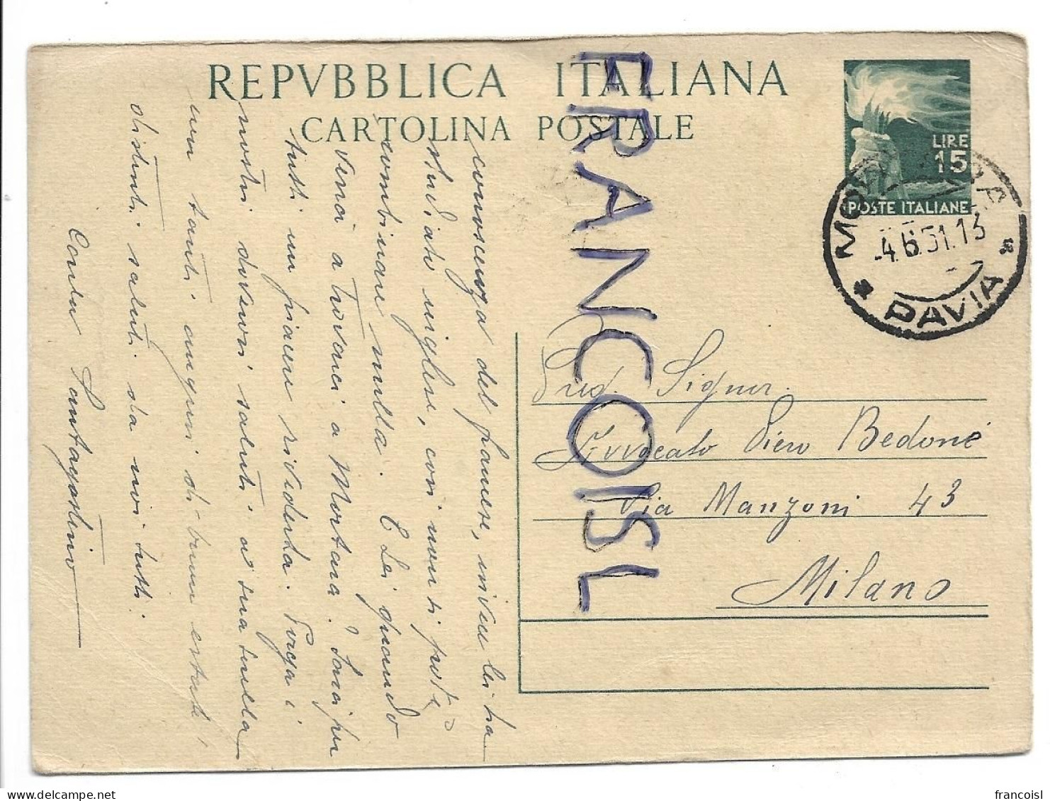 Carte Postale Sans Illustration. Repubblica Italiana 1951 - Poste & Facteurs
