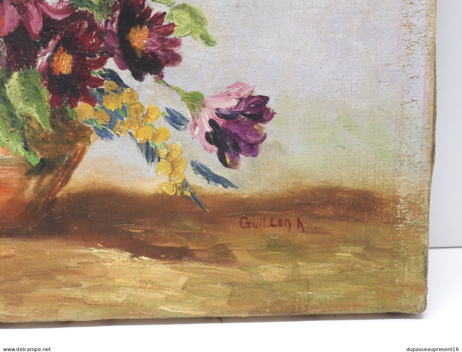 -ANCIEN TABLEAU HUILE SUR TOILE HST BOUQUET De FLEURS Signé GUILLEN A Déco    E - Huiles