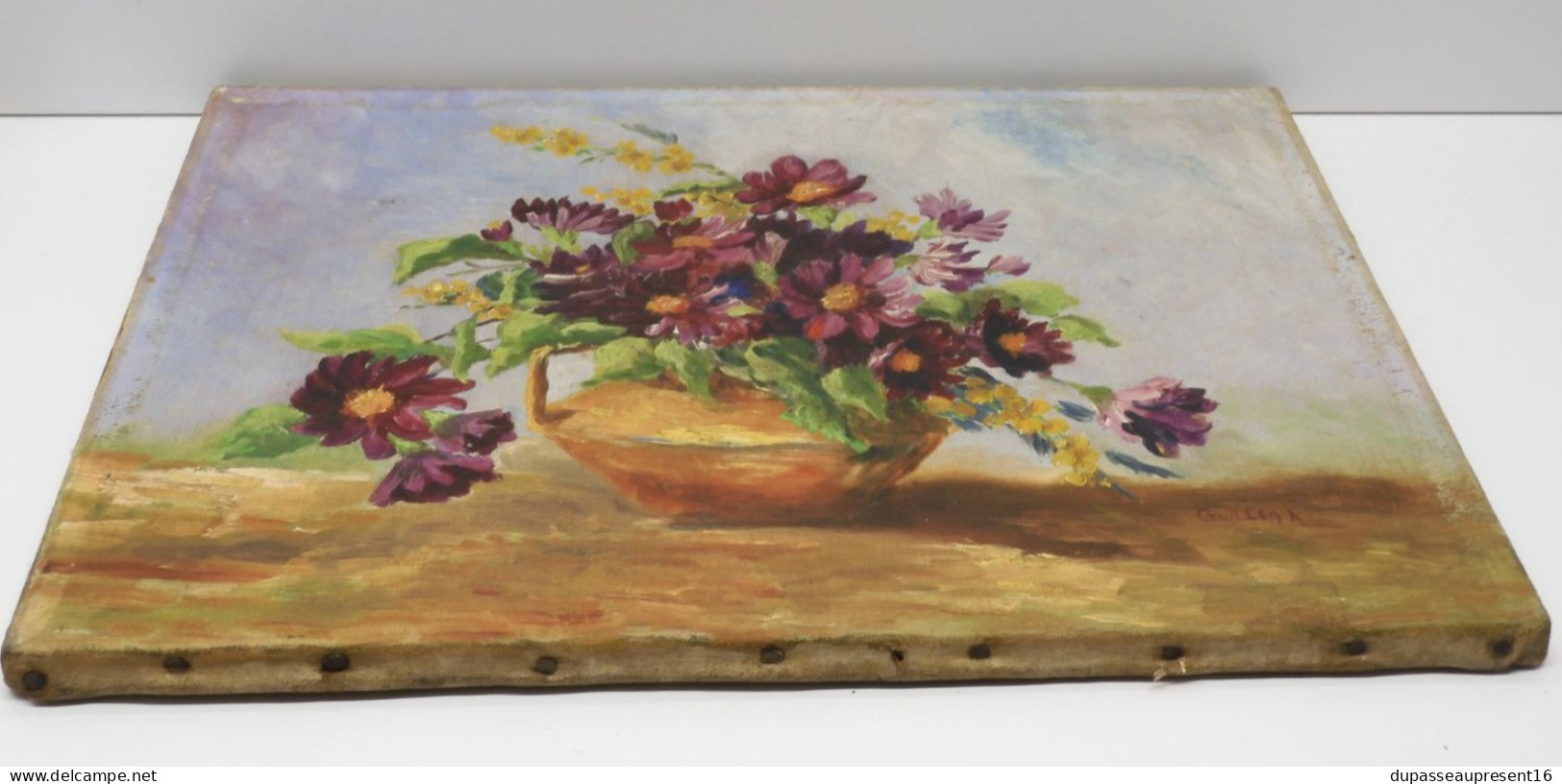 -ANCIEN TABLEAU HUILE SUR TOILE HST BOUQUET de FLEURS signé GUILLEN A déco    E