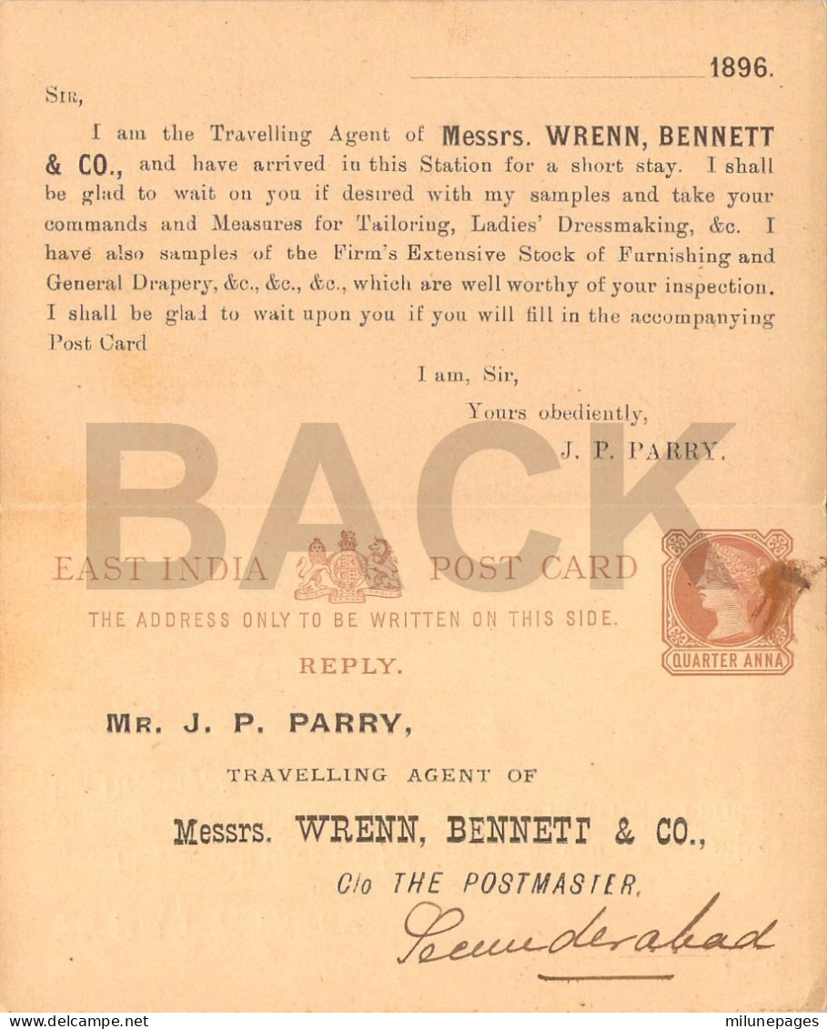 East India Complete Private Stationery With Reply Wrenn, Bennett & Co From Hyderabad Deccan 1897 - 1882-1901 Imperio