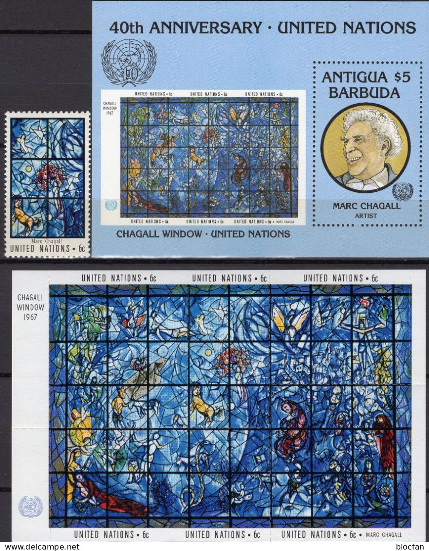 New York 1985 Glasfenster UN 189,Block 4+Antigua Bl.103 ** 12€ Porträt Chagall Bloc Hoja Art Sheets Bf Vereinte Nationen - Collections, Lots & Séries