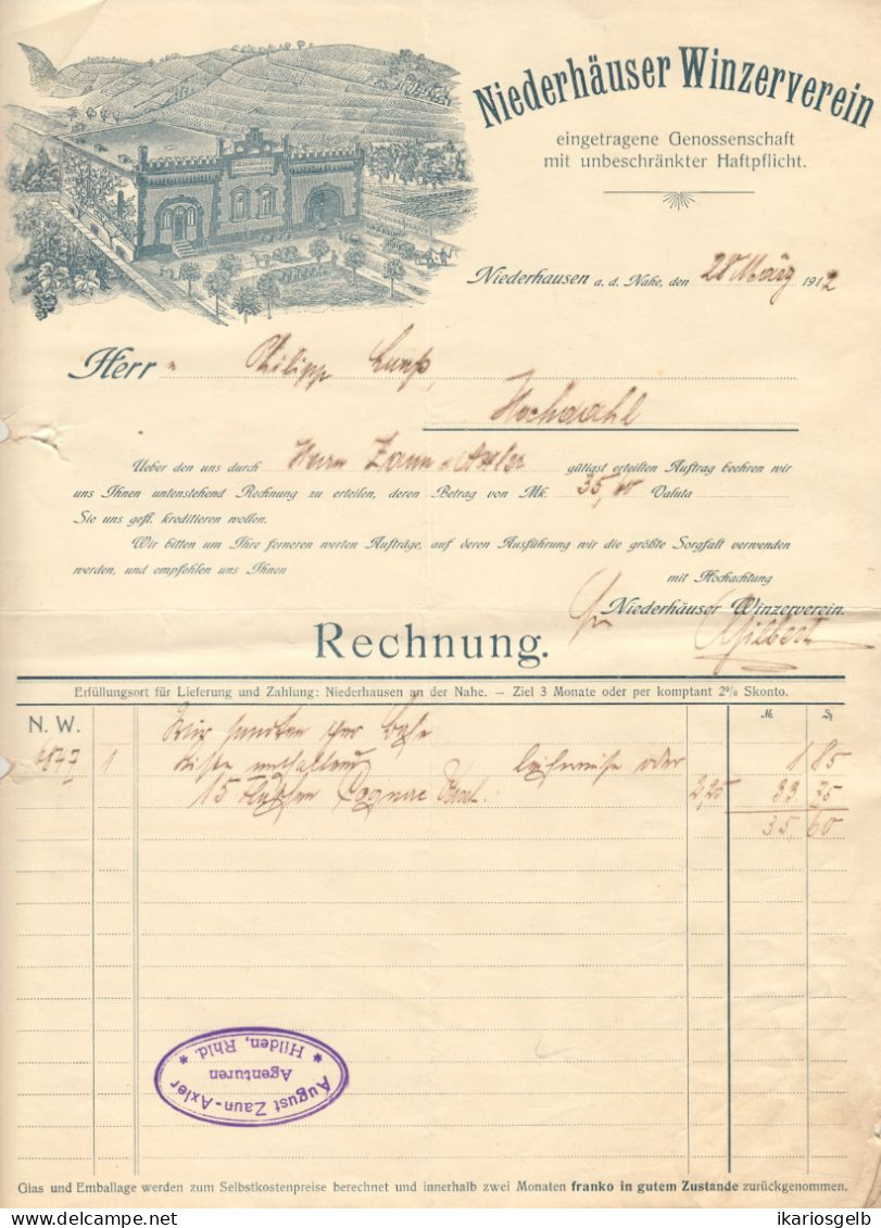 NIEDERHAUSEN Nahe Rechnung 1912 Deko " Niederhäuser Winzerverein " - Alimentaire