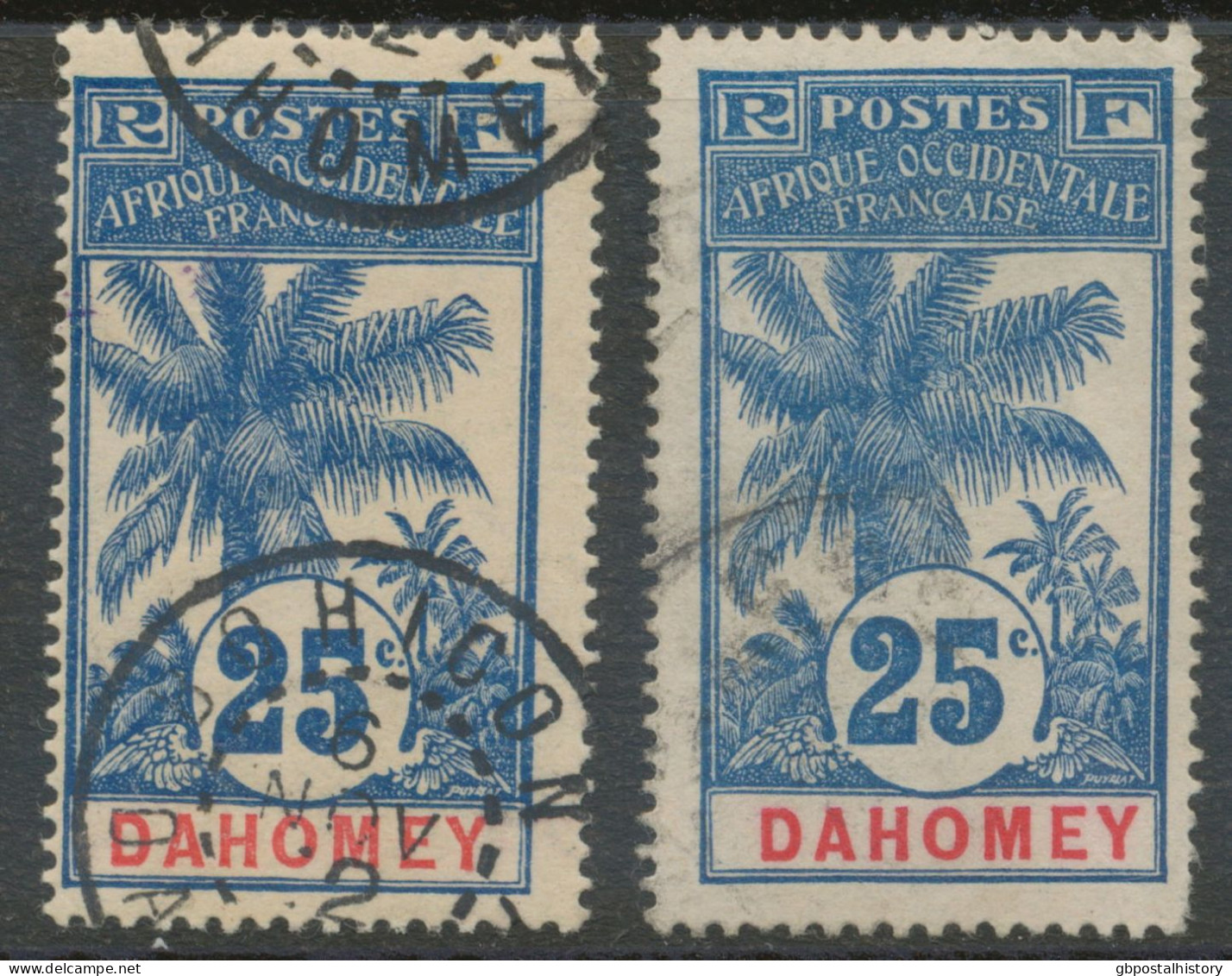 DAHOMEY 1906 Ölpalme 25 C Blau/rot Auf Rosa, Gestempeltes Kab.-Stück Sowie Ein Weiteres Exemplar - Oblitérés