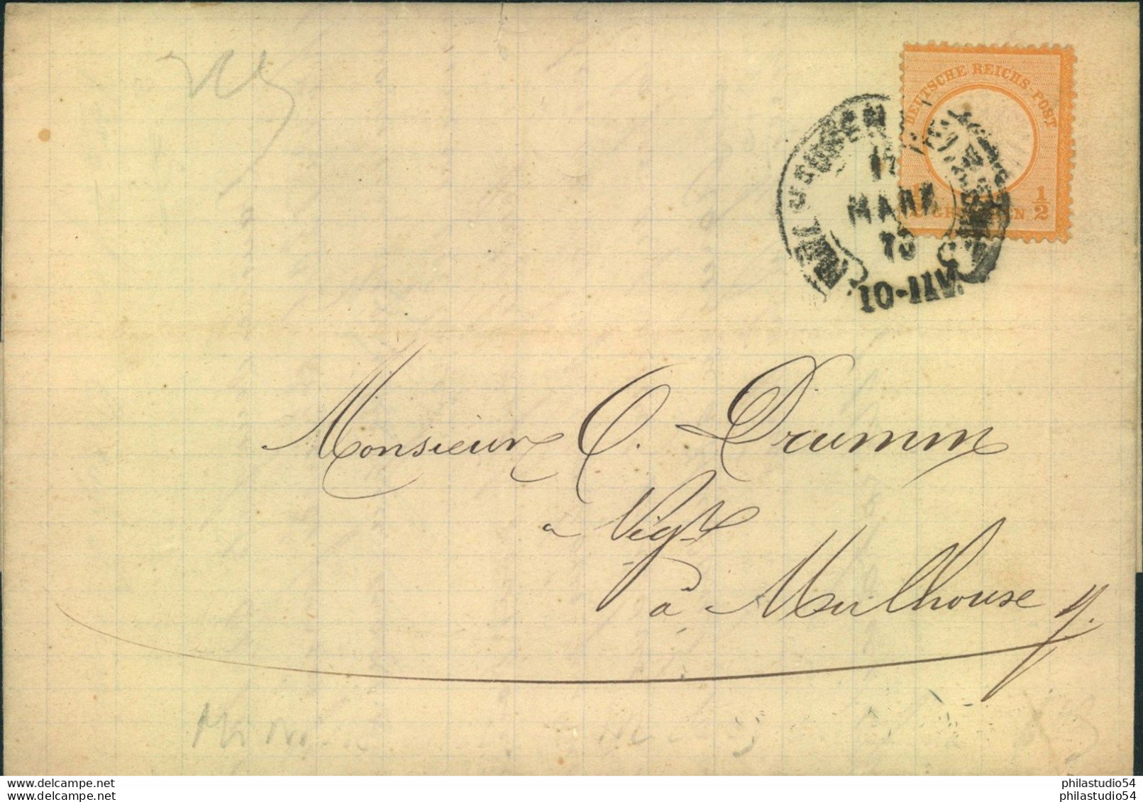 1873 1/2 Gr. Großer Brustschild Auf Ortsbrief Mit Vollem Inhalt Und Hufeisenstempel "MÜHLHAUSEN I: ELS." - Covers & Documents