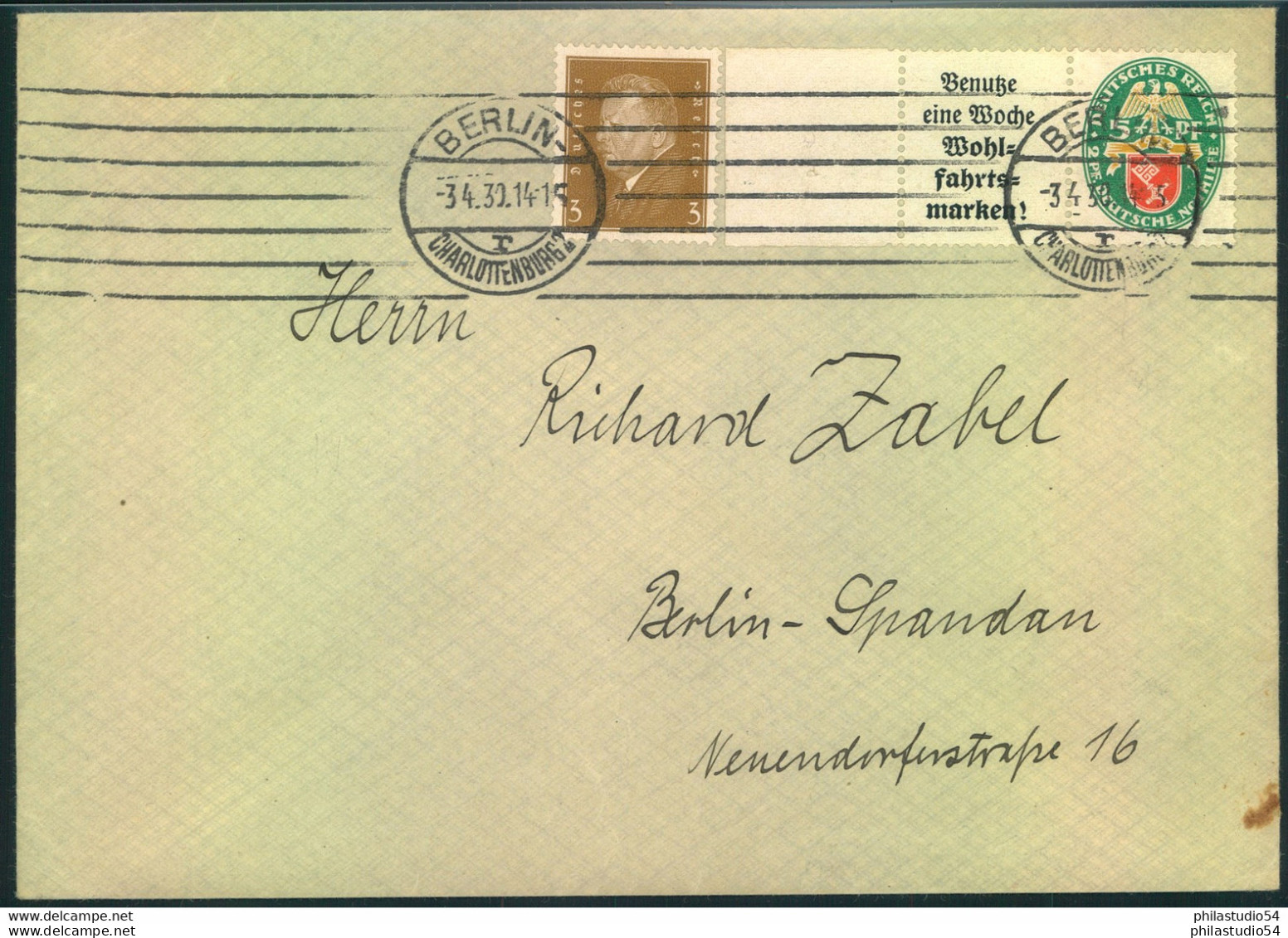 1930, Nothilfe 29 A2 / 5 Pfg. Mit Zusatzfrankatur Auf Brief Ab BERLIN-CHARLOTTENBURG 1 - Cartas & Documentos
