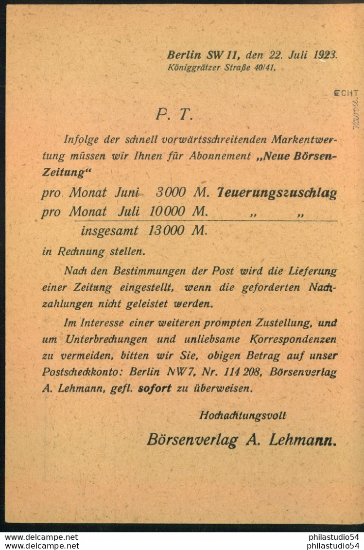 1923, 23.7.. Druckschenkarte Mit Senkr. Paar 30 M Schwarzoliv, Signiert - Michel 243 B (2) (200,-) - 1922-1923 Emisiones Locales
