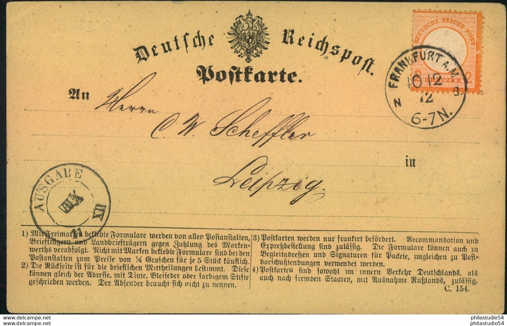 1872, 2Kreuzer Kl. Schild Orange Auf Postkarte Ab FRANKFURT A. M. - Storia Postale