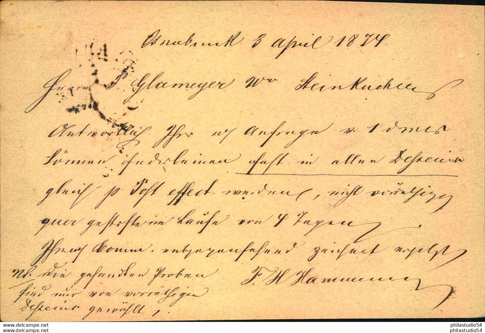 1874, Hufeisenstempel OSNABRÜCK Auf 1/2 Groschen Ganzsachenkarte (P 1) - Macchine Per Obliterare (EMA)