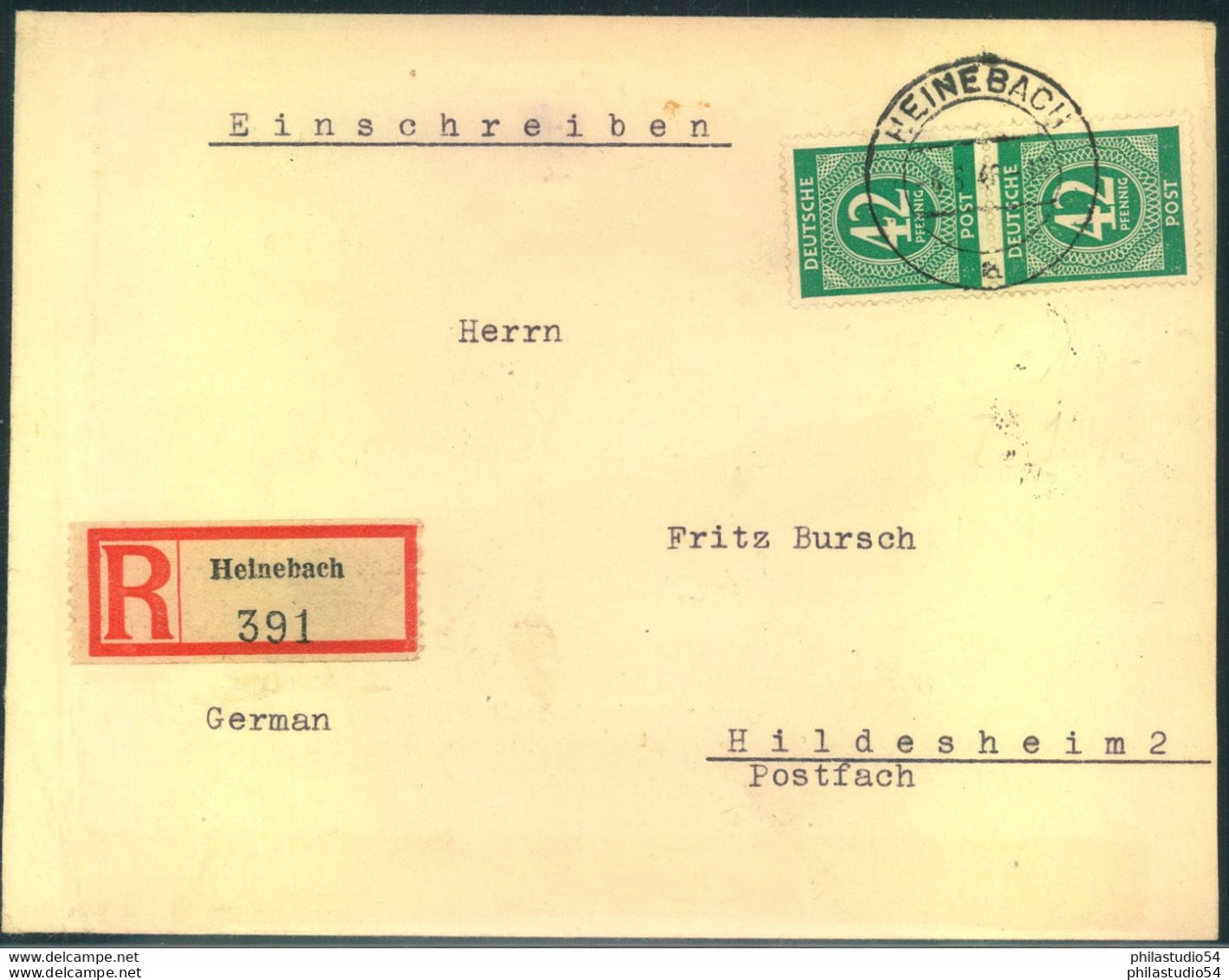 1946, Einschreiben Ab "HEINEBACH 6.6.46 Mit Senkrechtem Paar 42 Pfg. Ziffer Nach Heidelberg, - Other & Unclassified