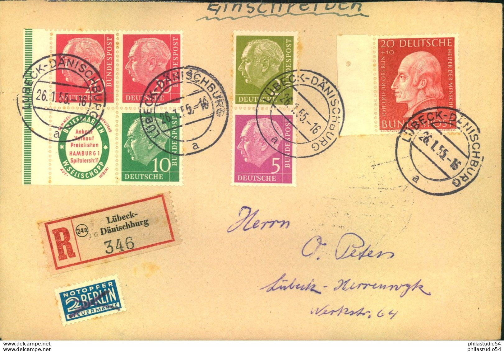1955, Einschreiben Mit Zusammendrucken Ab "LÜBECK-DÄNISCHBURG" - Cartas & Documentos