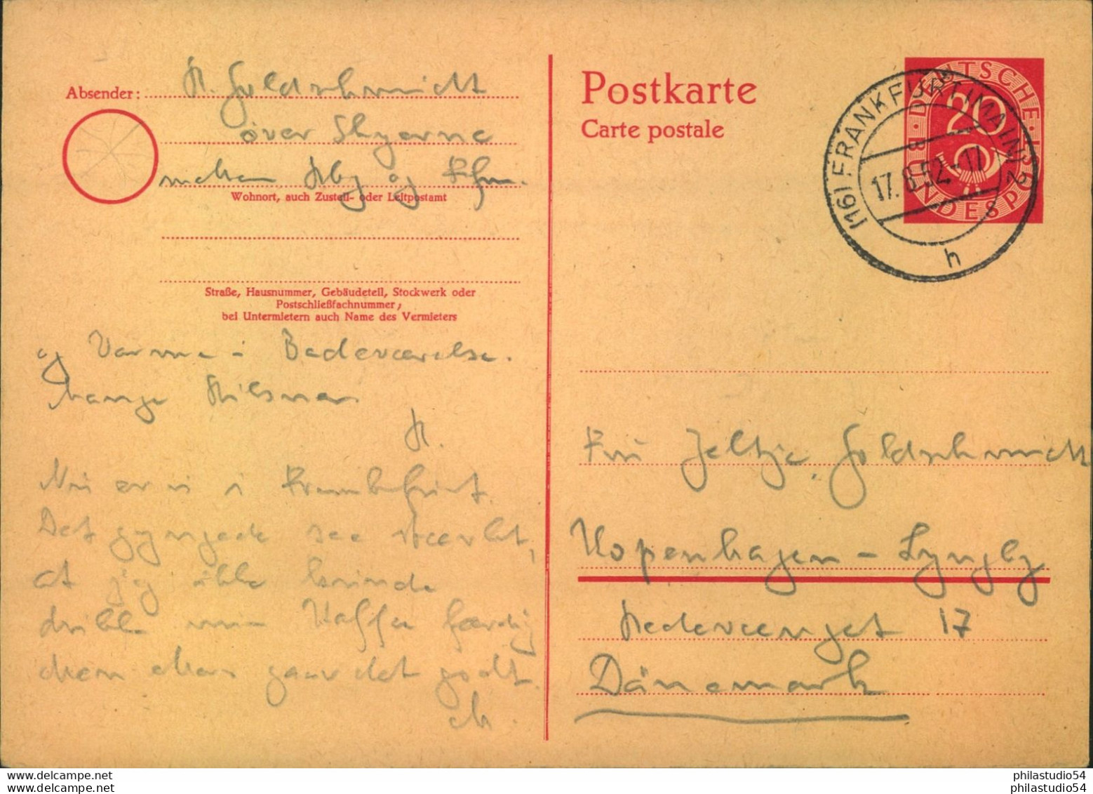 1952, 20 Pf. Posthorn GSK Ab FRANKFURT (MAIN) Nach Basel - Other & Unclassified