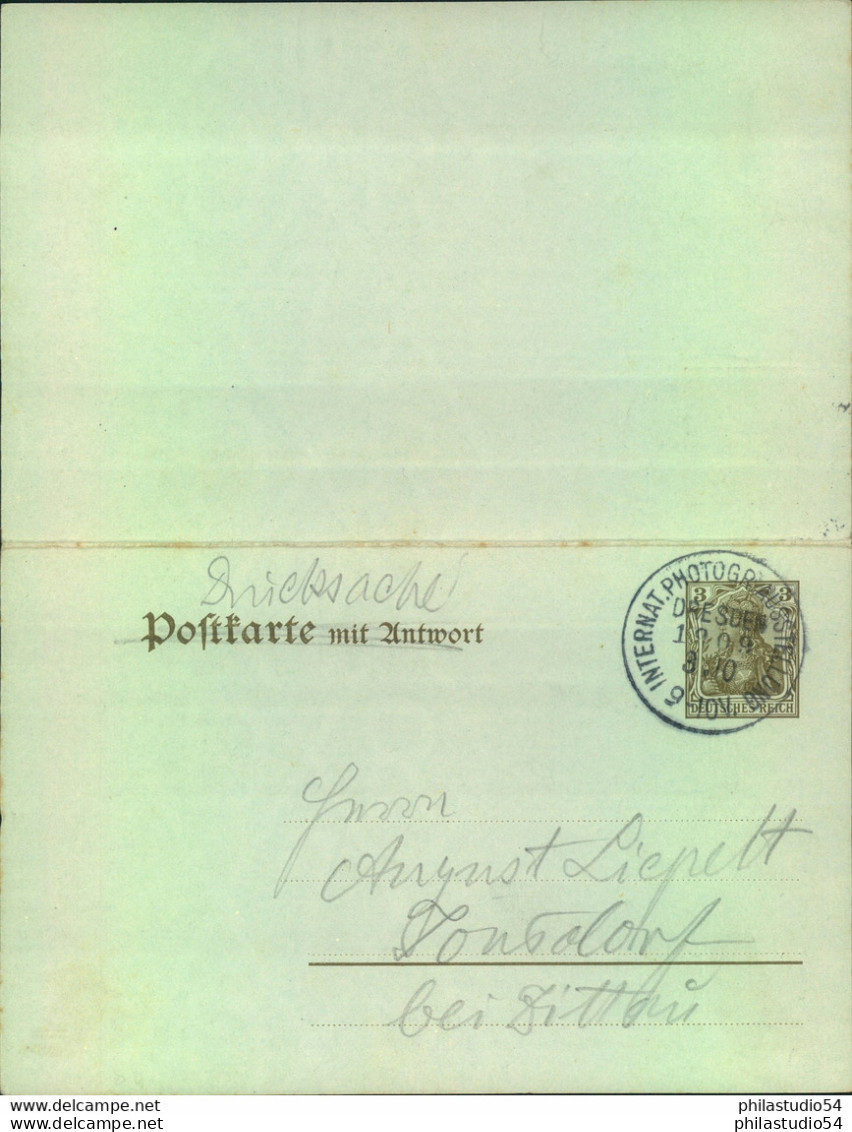 1909, "INTERNATIONALE PHOTOGR. AUSSTELLUNG DRESDEN" Auf Doppelkarte Blanko, Antwort BP "OYBIN-ZITTAU - Maschinenstempel (EMA)
