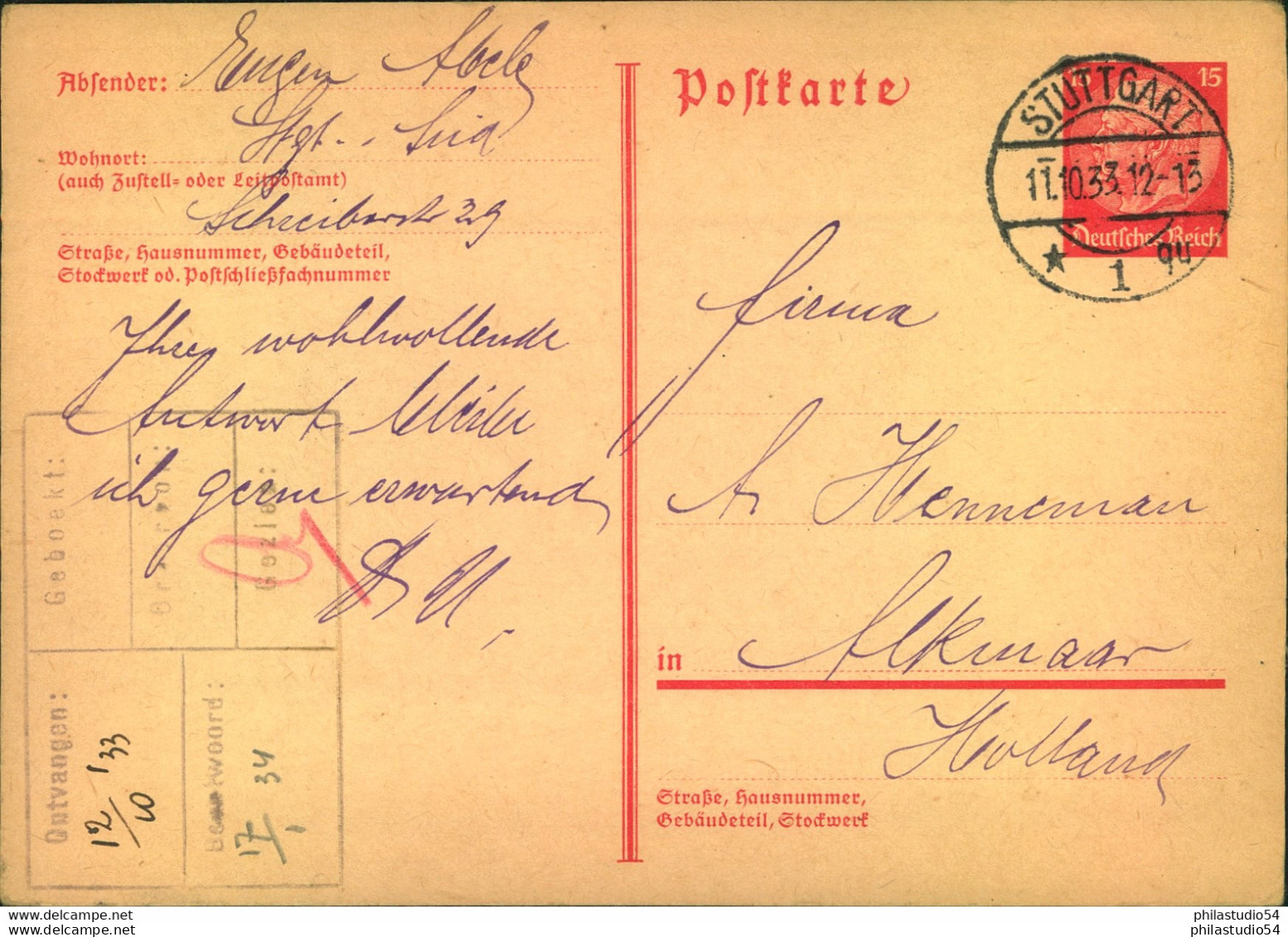 1933, GSK 15 Pfg. Hindenburgab "STUTTGART 11.10.33" Mit Viel Text Nach Alkmar, Holland - Tarjetas