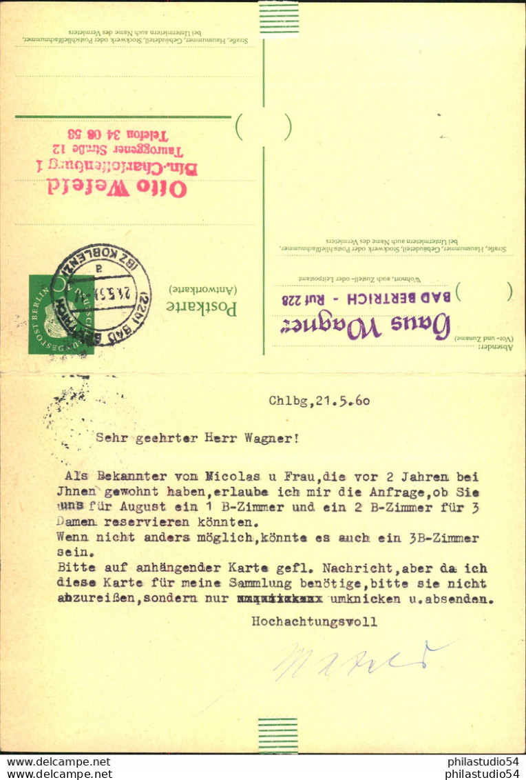 1960, Doppelkarte 10 Pfg. Heuss Madaillon, Beide Teile Bedarfsgebraucht Ab BERLIN SW 11, Zurück Ab Bad Bertrich - Postkaarten - Gebruikt