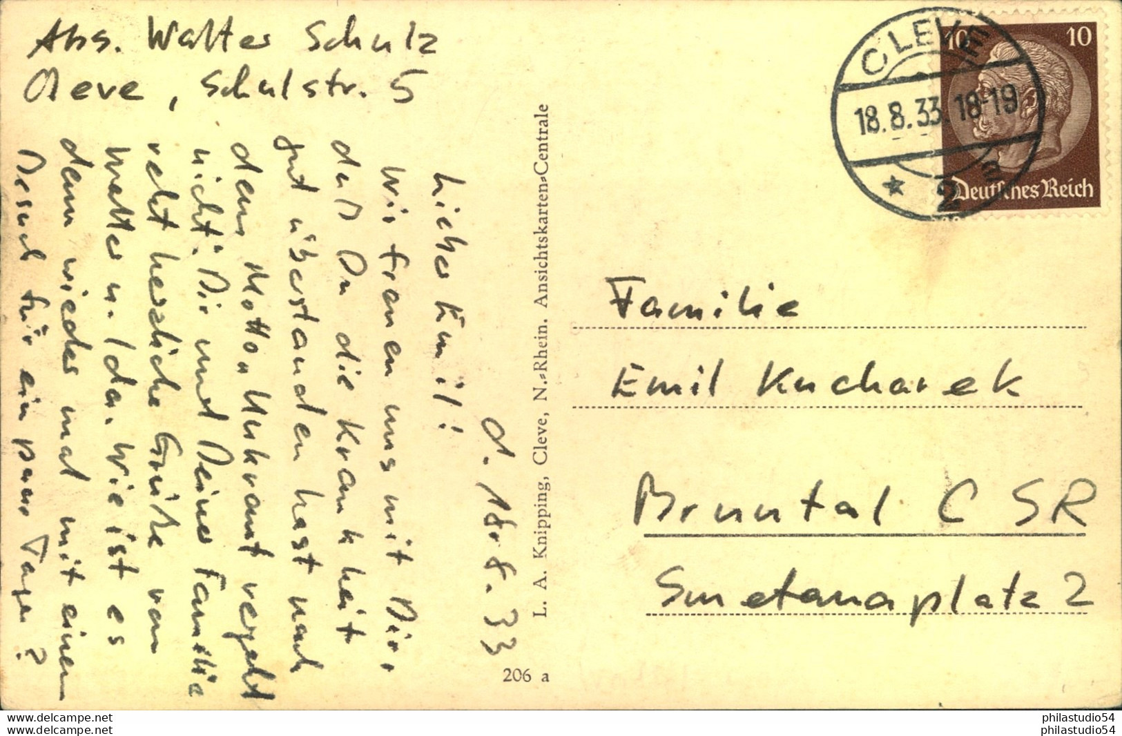 1933, 10 Pfg. Hindenburg (Wz Waffeln) Als EF Auf Postkarte Im Sondertarif Ab CLEVE In Die CSR - Cartas & Documentos