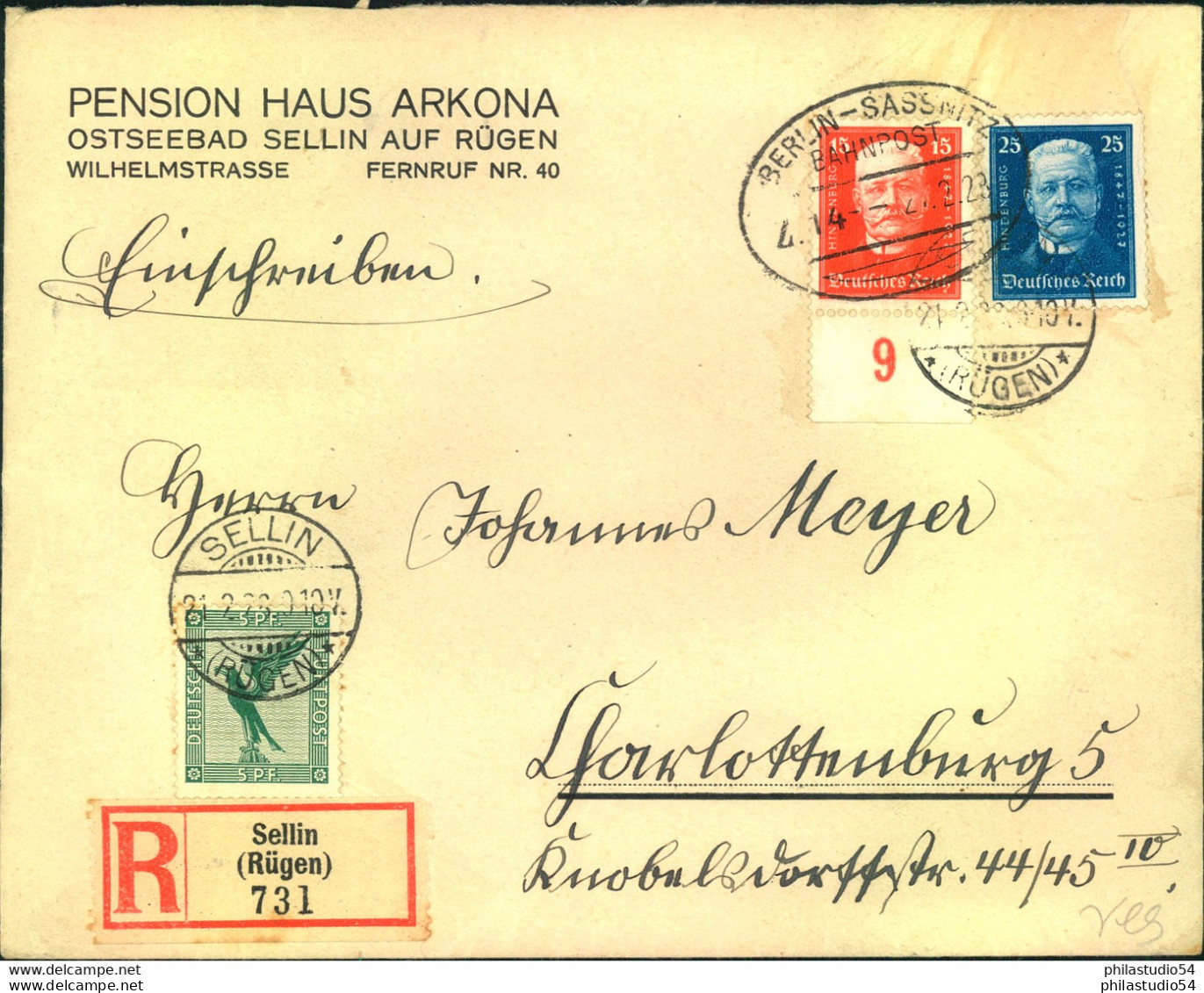 1928, 15 Und 25 Pfg. Hindenburg Miz 5 >Pfg. Luftpost Auf R-Brief M. Bahnpost "BERLIN-SASSNITZ" - Lettres & Documents