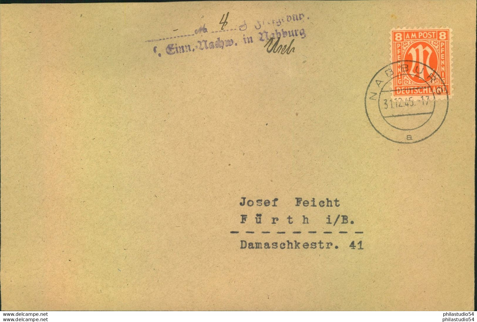 1946, "Einn. Nachw. "4" In Nabburg" Seltener "Gebühr Bezahlt"-Stempel Als Teilbafrankatur Auf Brief Mit 8 Pfg. AM-Post - Sonstige & Ohne Zuordnung