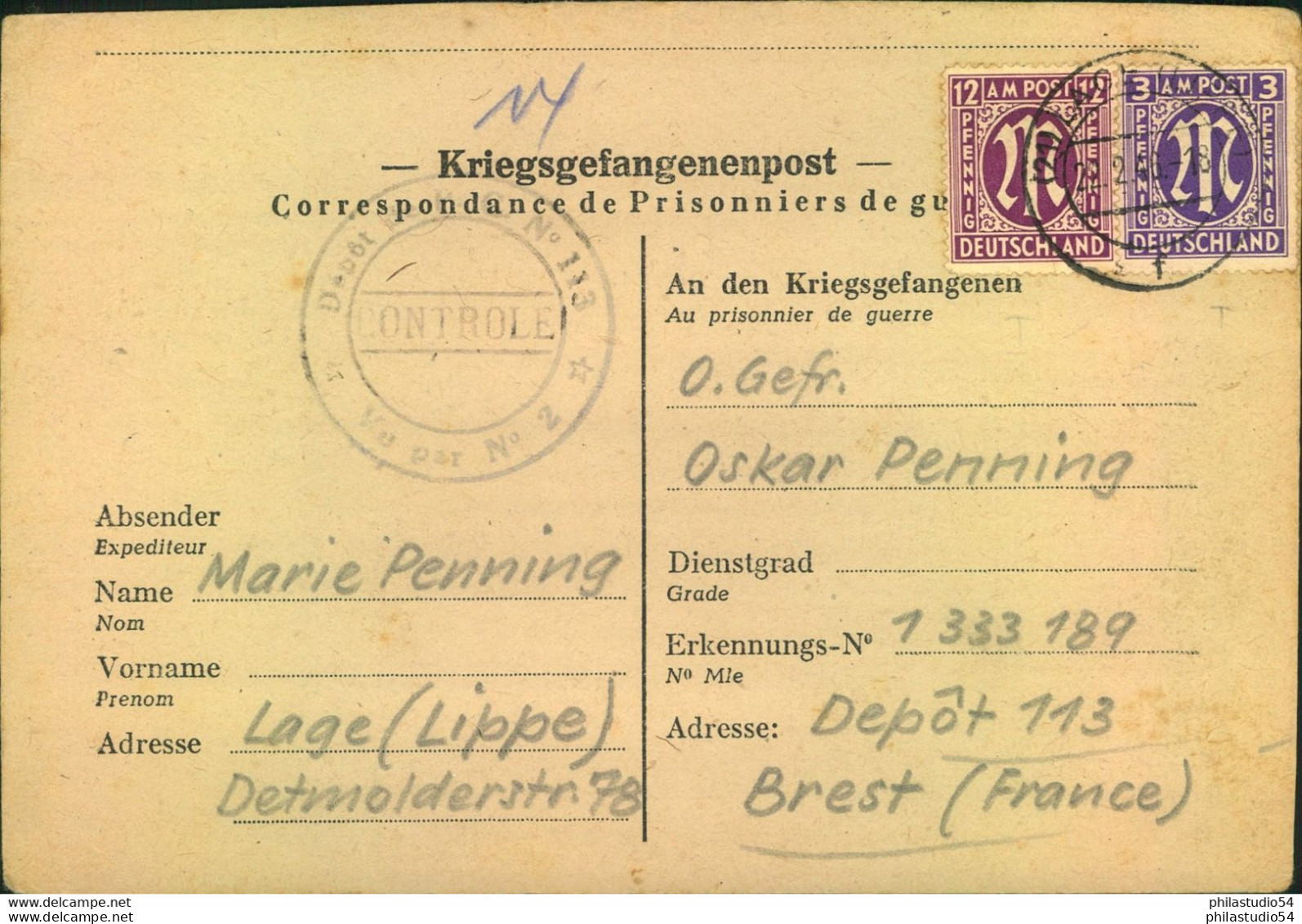 1946, Frankierte Kriegsgefangenenkarte Aus Der Britischen Zone Ab "LAGE 22-2-46" Nach Frankreich - Other & Unclassified