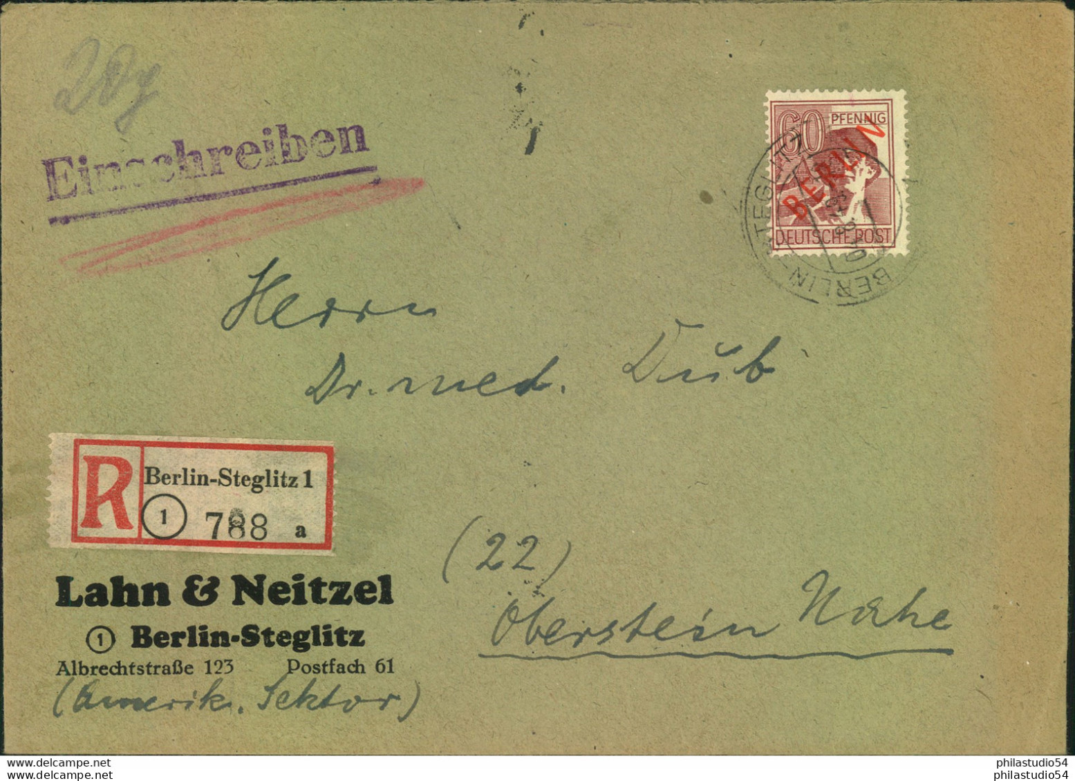 1949, 60 Pf. Rotaufdruck Al EF Auf Einschreiben "BERLIN-STEGLITZ 4.8.49" - Lettres & Documents