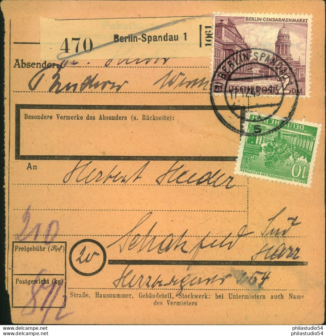 1949, Paketkarte Ab BERLIN - SPANDAU Frankiert Mit 2 DM Und 10 Pf. Berliner Bauten - Otros & Sin Clasificación