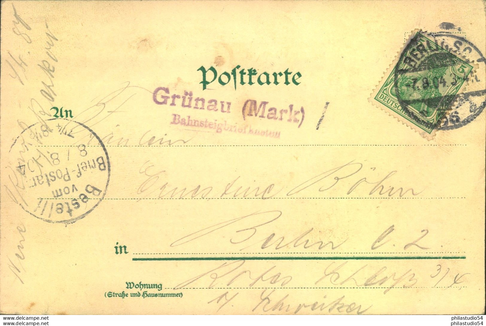 KLASSISCHE BERLINSTEMPEL: 1904, "Grünau (Mark) Bahnhofsbriefkasten" Als Nebenstempel Auf AK - Autres & Non Classés