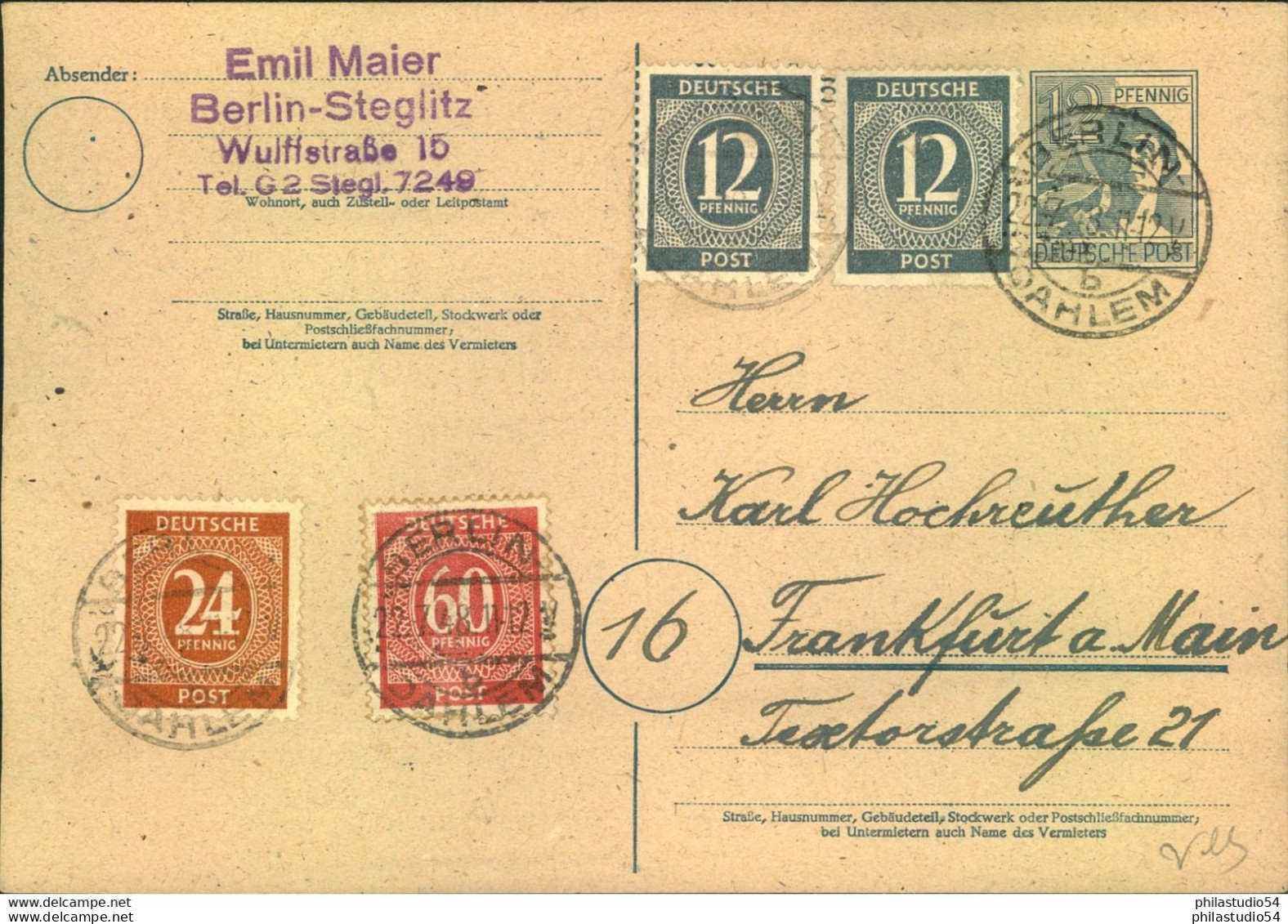 1948, WÄHRUNGSREFORM, Mischfrankatur Mit 12 Pfg. Arbeiter GSK Ab "BERLIN-DAHLEM 22.7.48 - Other & Unclassified