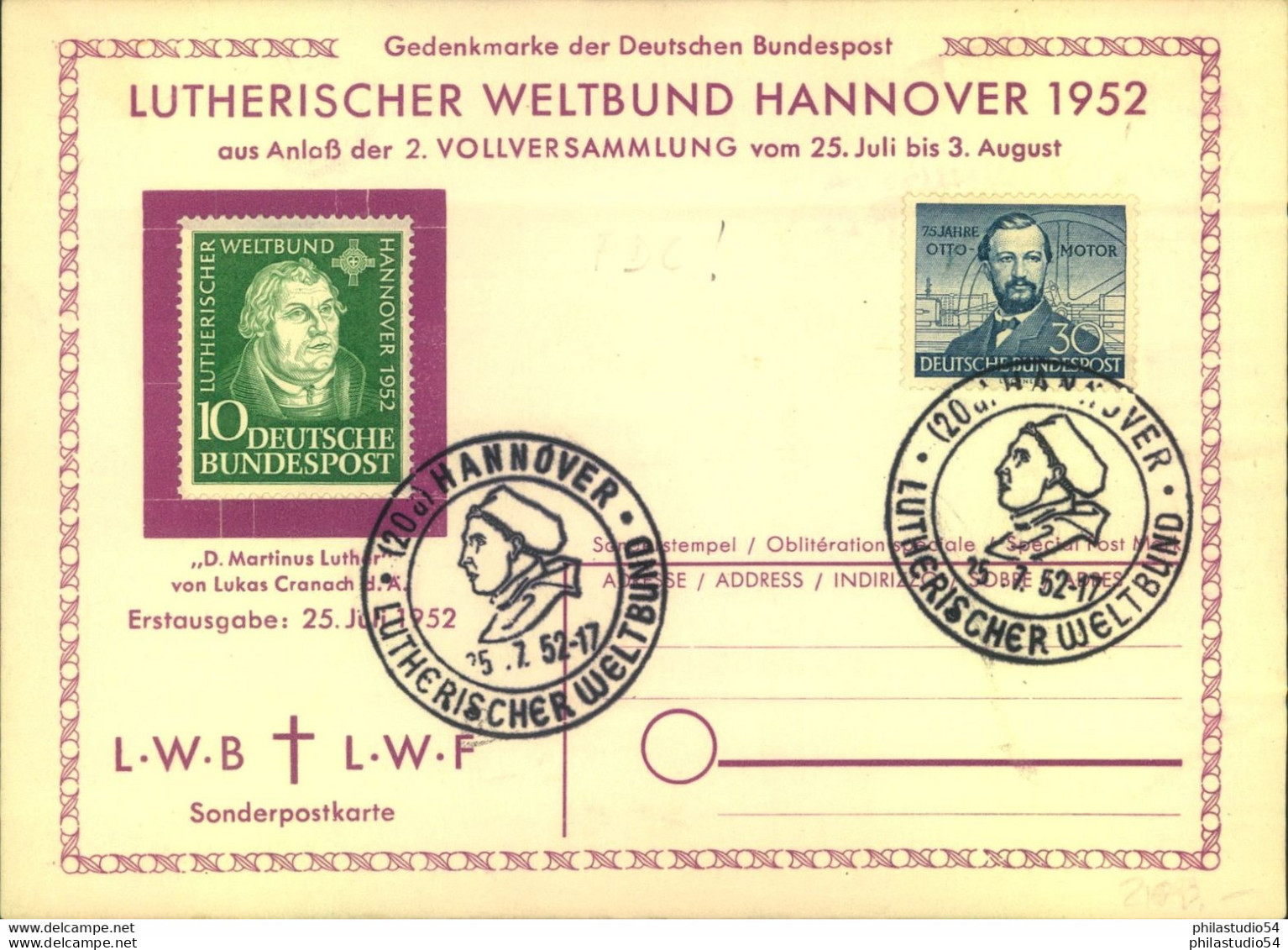 1952, Luther Und Otto (Mi 149/150) Gemeinsam Auf Einer Sonderkarte Vom Ersttag - Storia Postale