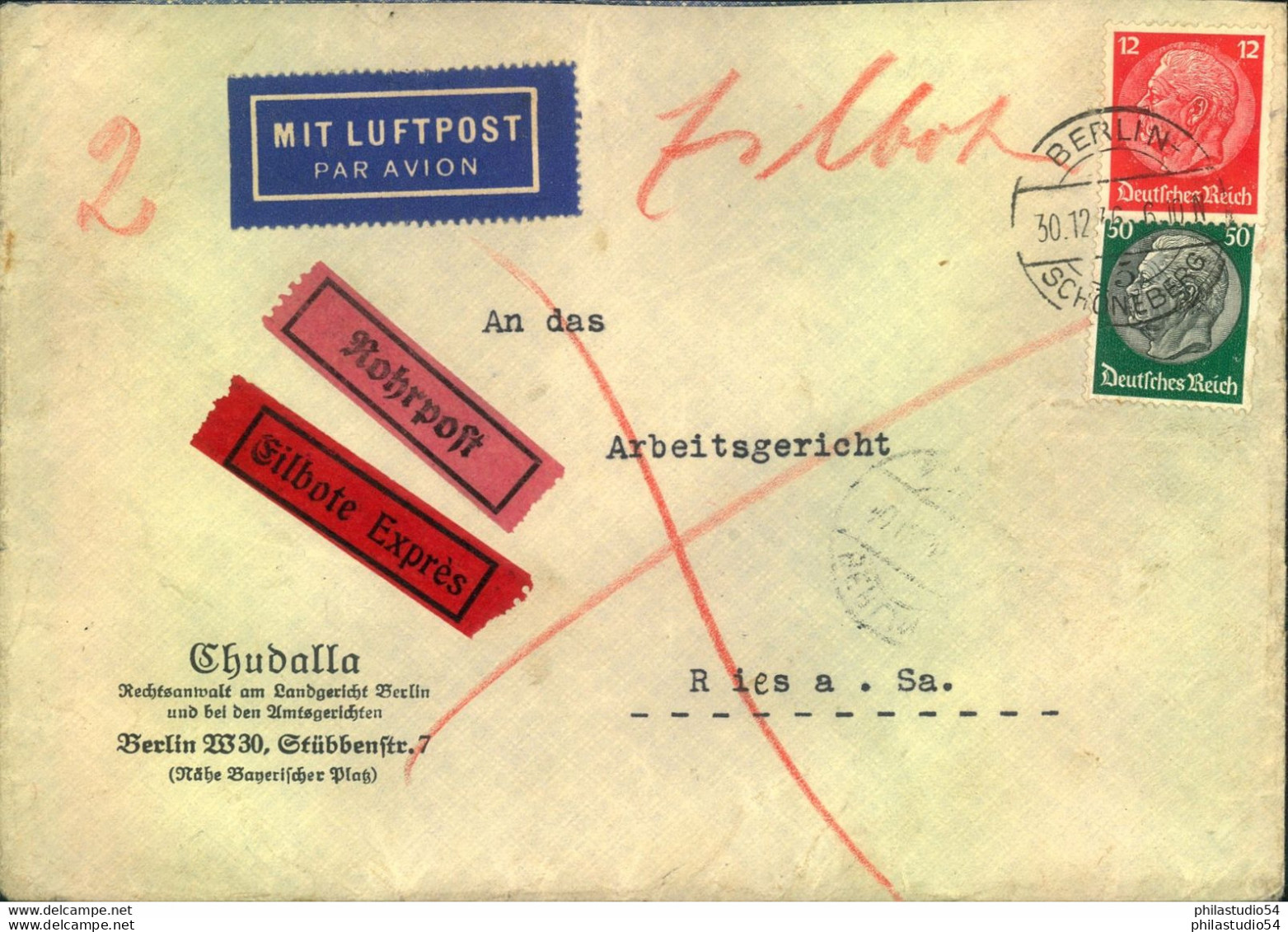 1936, Rohrpost Fernbrief Ab BERLUN-SCHÖNEBER Nach Riesa. - Lettres & Documents