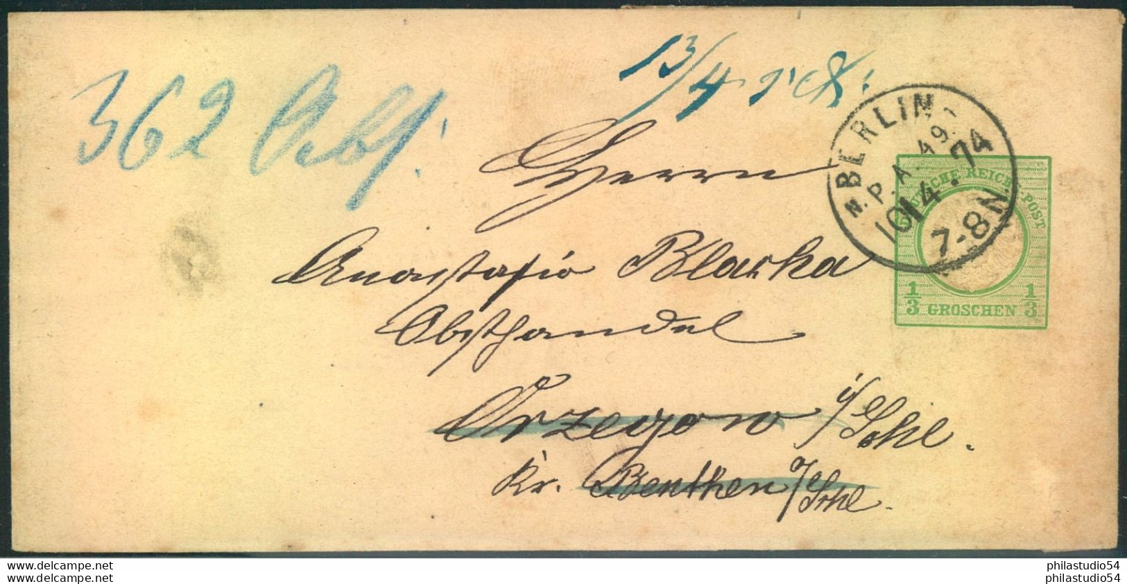 1874, Streifband 1/3 Groschen Großer Schild Ab "BERLIN P.A. 49N 1" - Other & Unclassified