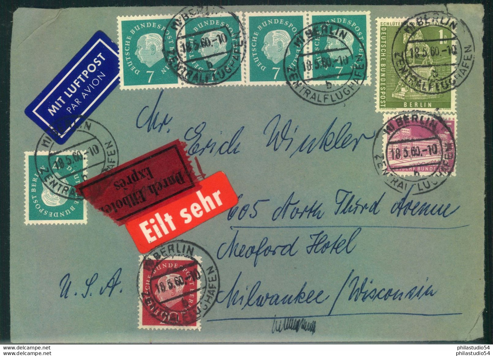 1960, Luftpost-Eilbrief Ab "BERLIN - ZENTRALFLUGAFEN" Mit Hoher Frankatur Nach USA. - Briefe U. Dokumente