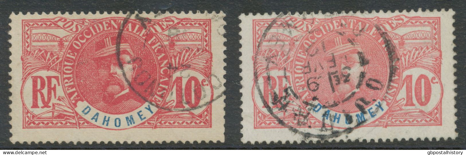 DAHOMEY 1906 Louis Faidherbe (1818-1889), General 10 C Karmin/blau (2x) Gestempelt - Gebraucht