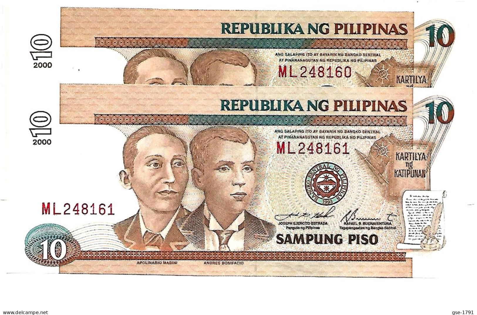 PHILIPPINES   10 Piso  2000  Petite Lettre Manuscrite, #187f  Joseph ESTRADA & Buenaventura,  Paire De 2 Billets NEUFS - Filipinas