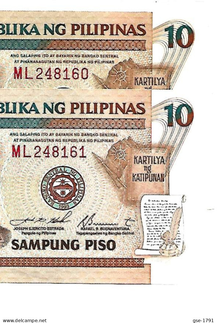 PHILIPPINES   10 Piso  2000  Petite Lettre Manuscrite, #187f  Joseph ESTRADA & Buenaventura,  Paire De 2 Billets NEUFS - Filipinas