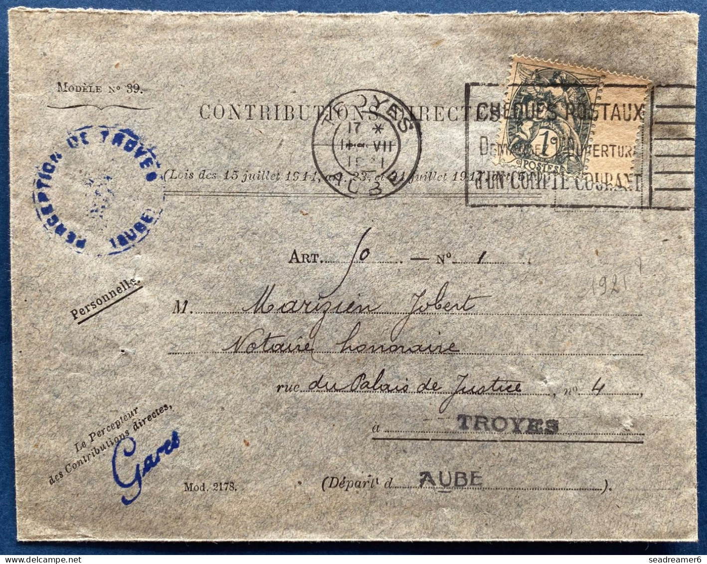 Lettre Des Contributions Directes De TROYES 1921 En Local Avec Type BLANC N°107 1c Ardoise Sur GC Obl PUB Mecanique - 1900-29 Blanc