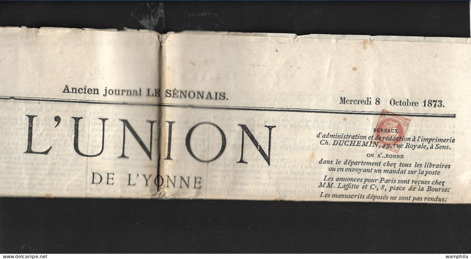 Journaux.  N°51 Sur Journal Entier "l'union De L'Yonne" Du 8 Octobre 1873. - Kranten