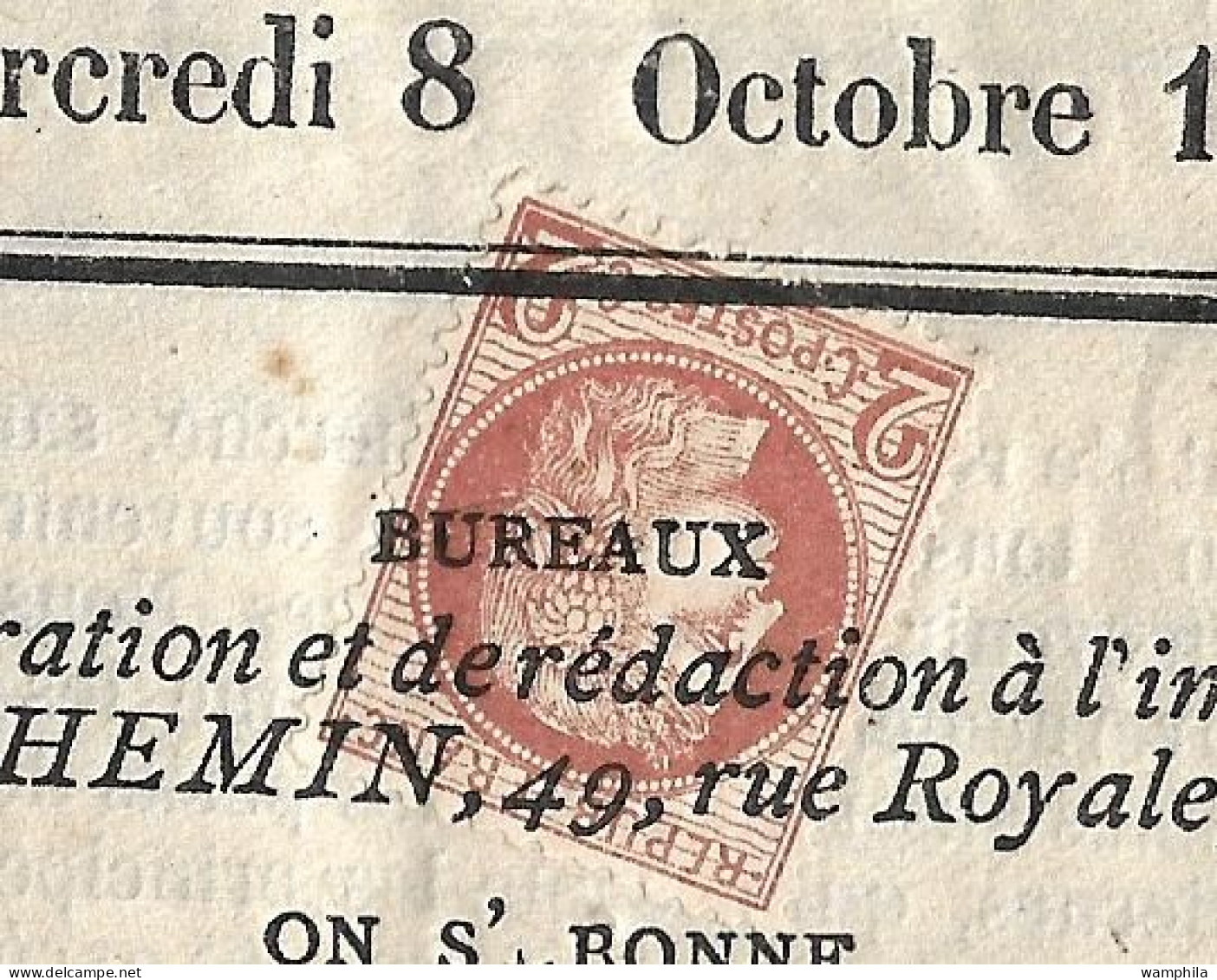 Journaux.  N°51 Sur Journal Entier "l'union De L'Yonne" Du 8 Octobre 1873. - Zeitungsmarken (Streifbänder)