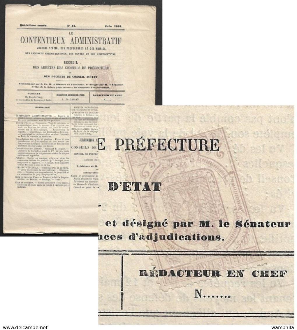 Journaux.  N°7 Sur Feuille Entière "le Contentieux Administratif" De Juin 1869. - Zeitungsmarken (Streifbänder)