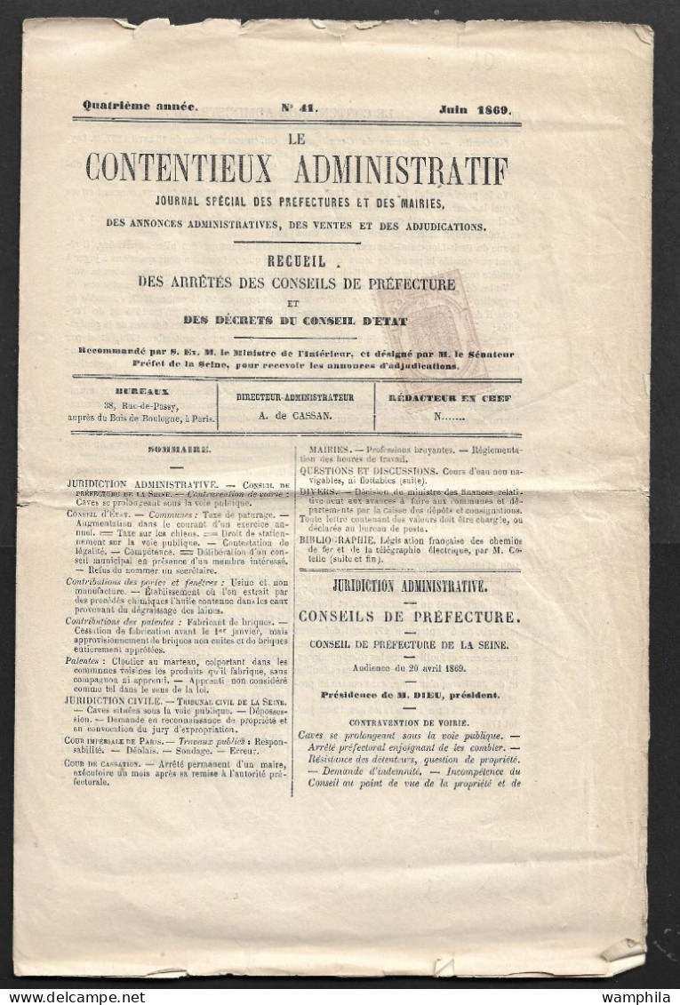 Journaux.  N°7 Sur Feuille Entière "le Contentieux Administratif" De Juin 1869. - Newspapers