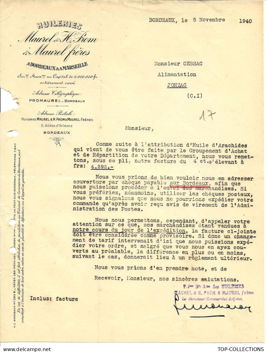 GROUPE Coté En Bourse 1940 RARE ENTETE HUILERIE MAUREL & H PROM Bordeaux Et Marseille Pour Cessac à Jonzac - 1900 – 1949
