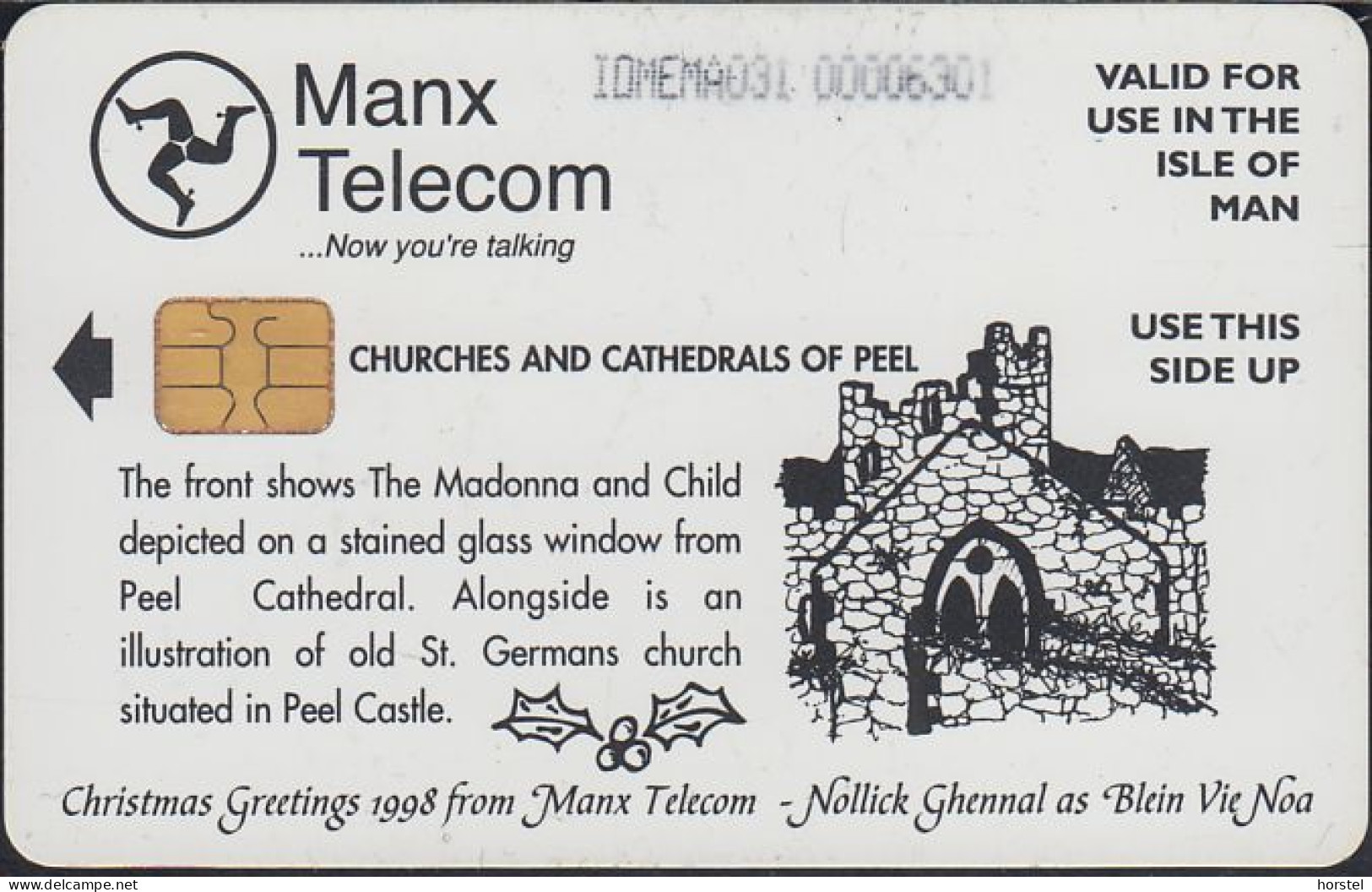 Isle Of Man Chip Card - Church - Glass Windows Peel Cathedral - Christmas Greeting 1998 - Isla De Man