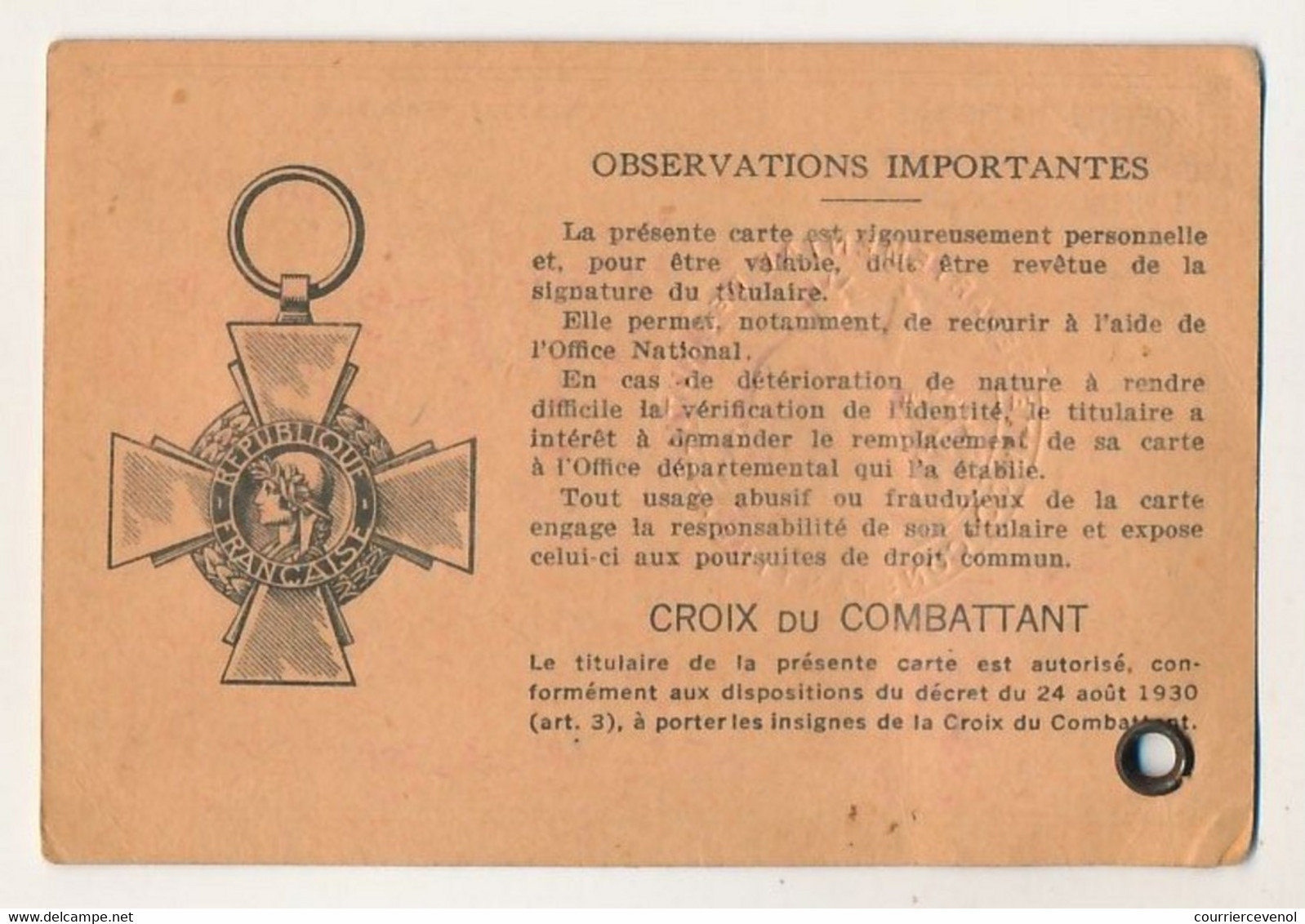 FRANCE - Carte Du Combattant - Office De Constantine - 1954 - Documents