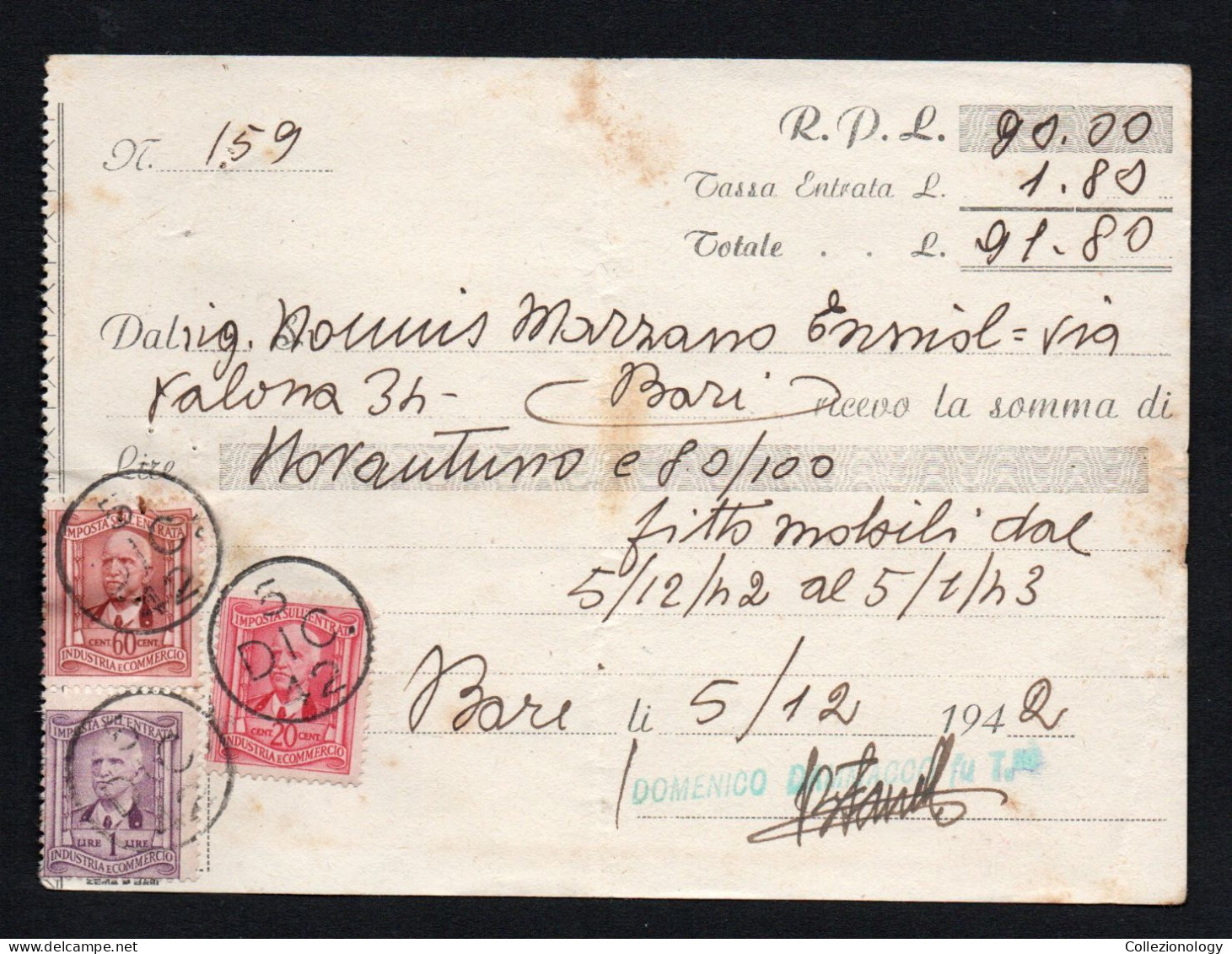 MARCHE DA BOLLO REGNO VITTORIO EMANUELE III 1942 60 CENT. 20 CENT. 1 LIRA REVENUE STAMP SU RICEVUTA AFFITTO MOBILI BARI - Fiscaux