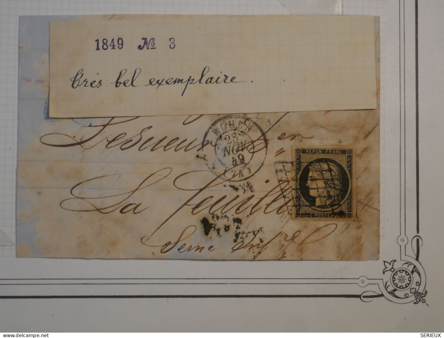 AX 19 FRANCE BELLE  LETTRE  28 NOV. 1849  ROUEN A LE FEUILLYE  +BEAU CERES  N°3 +AFFRANC. INTERESSANT - 1849-1850 Cérès