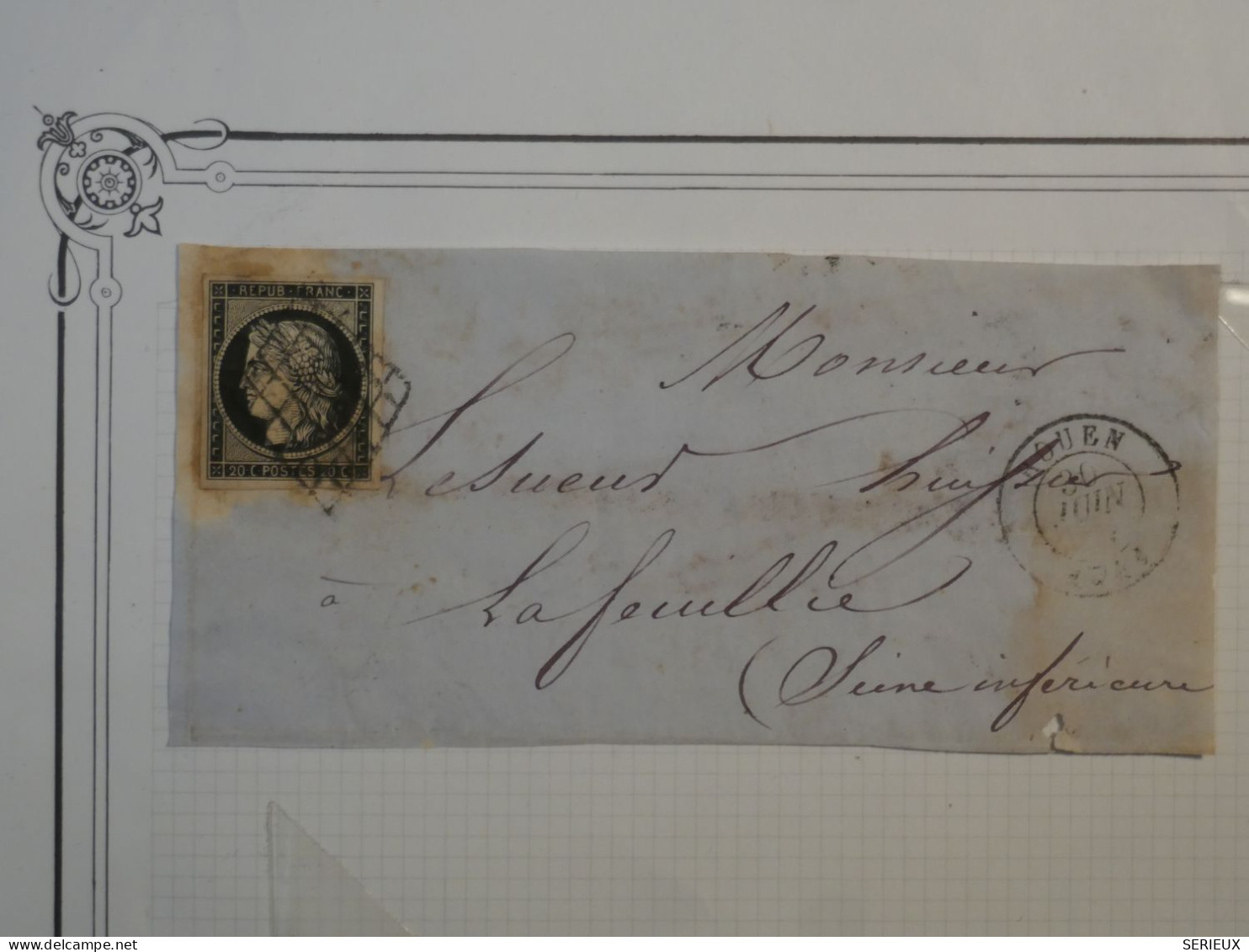 AX 19 FRANCE  LETTRE DEVANT 30 JUIN 1849  ROUEN A LAFEUILLIE  +BEAU CERES  N°3 +AFFRANC. PLAISANT+++ - 1849-1850 Ceres