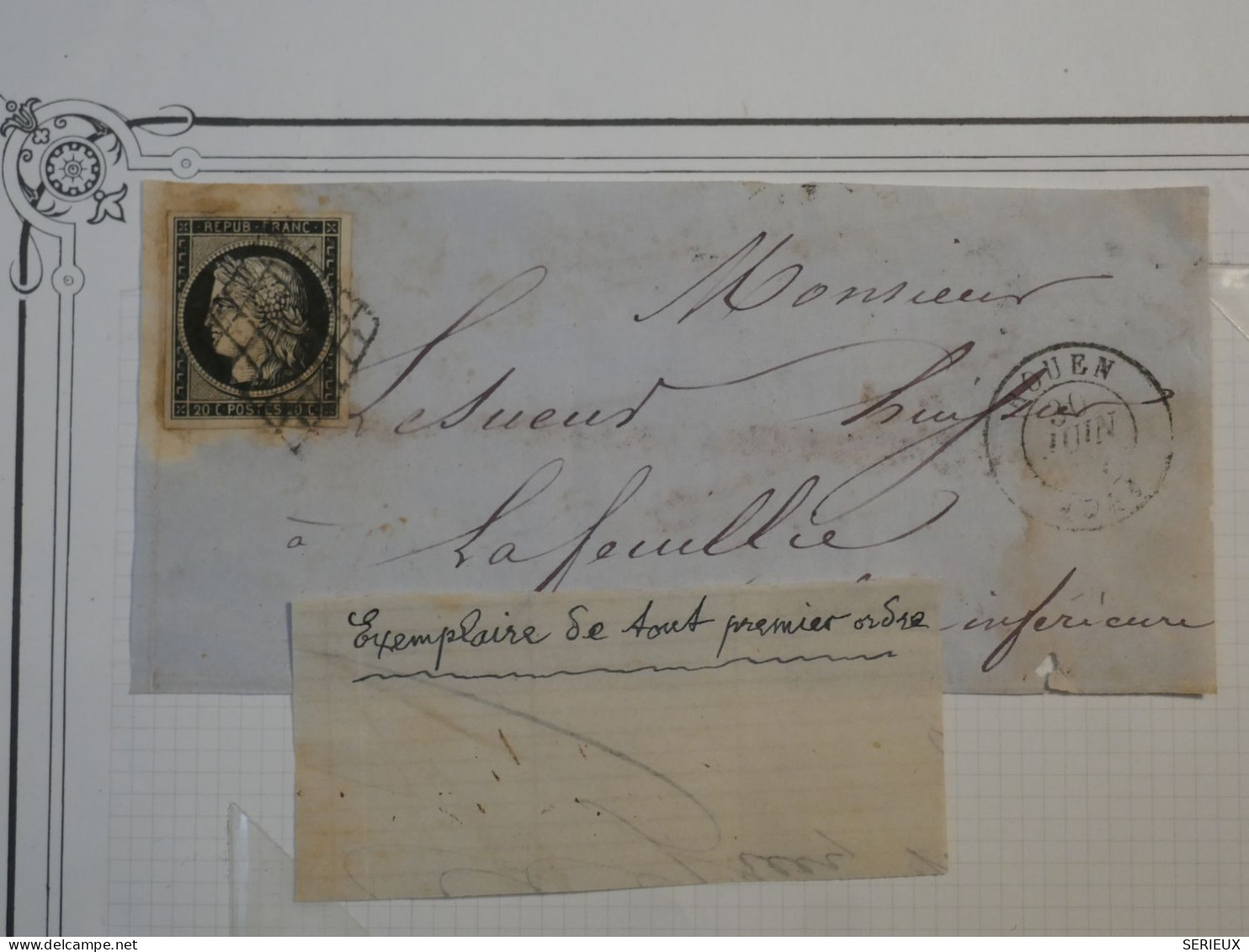 AX 19 FRANCE  LETTRE DEVANT 30 JUIN 1849  ROUEN A LAFEUILLIE  +BEAU CERES  N°3 +AFFRANC. PLAISANT+++ - 1849-1850 Cérès