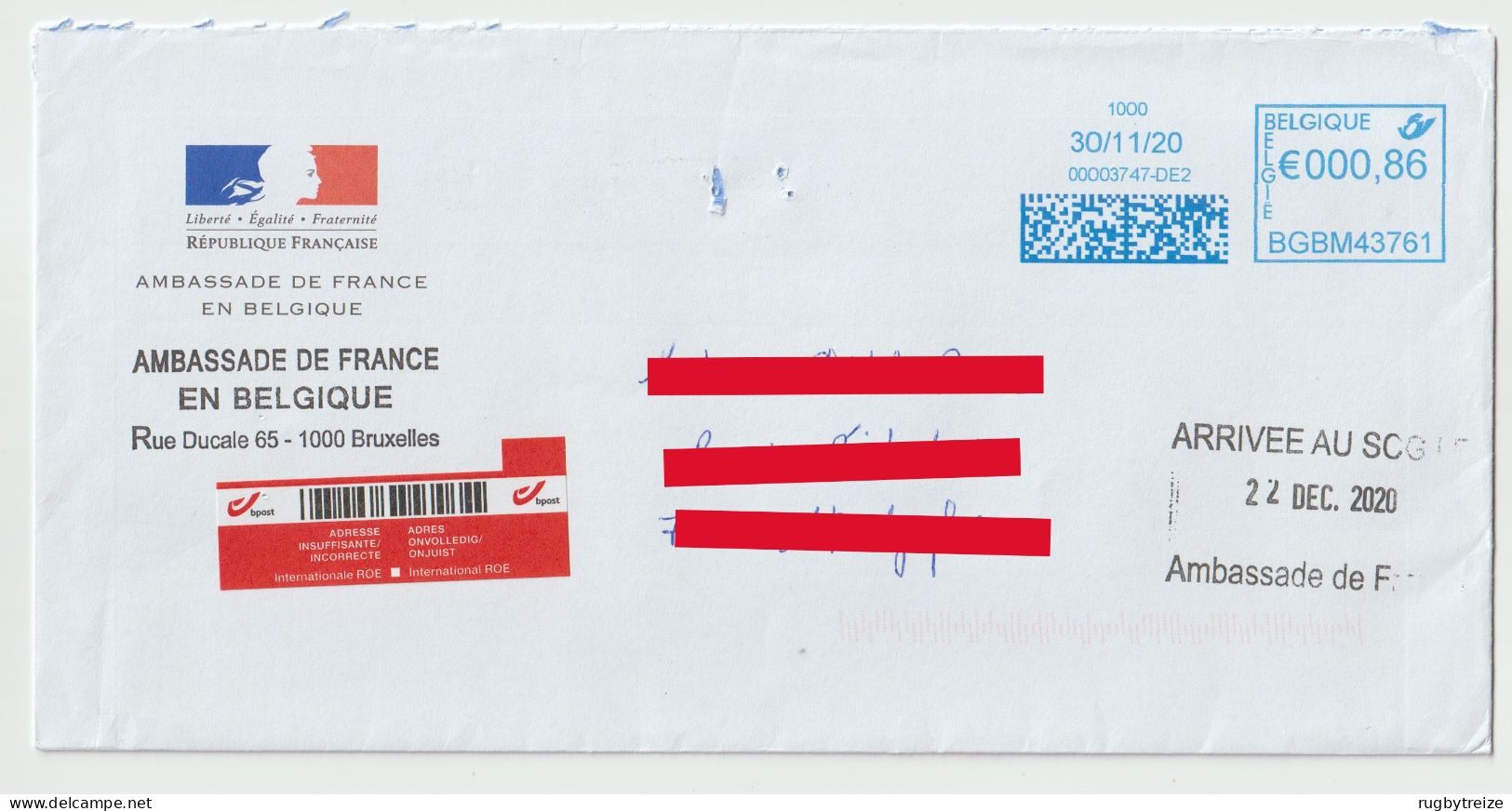 4491 Lettre Cover BELGIQUE BELGIE 2020 Ambassade Code Barre Cod Qr NPAI Bruxelles Return To Sender - Sonstige & Ohne Zuordnung